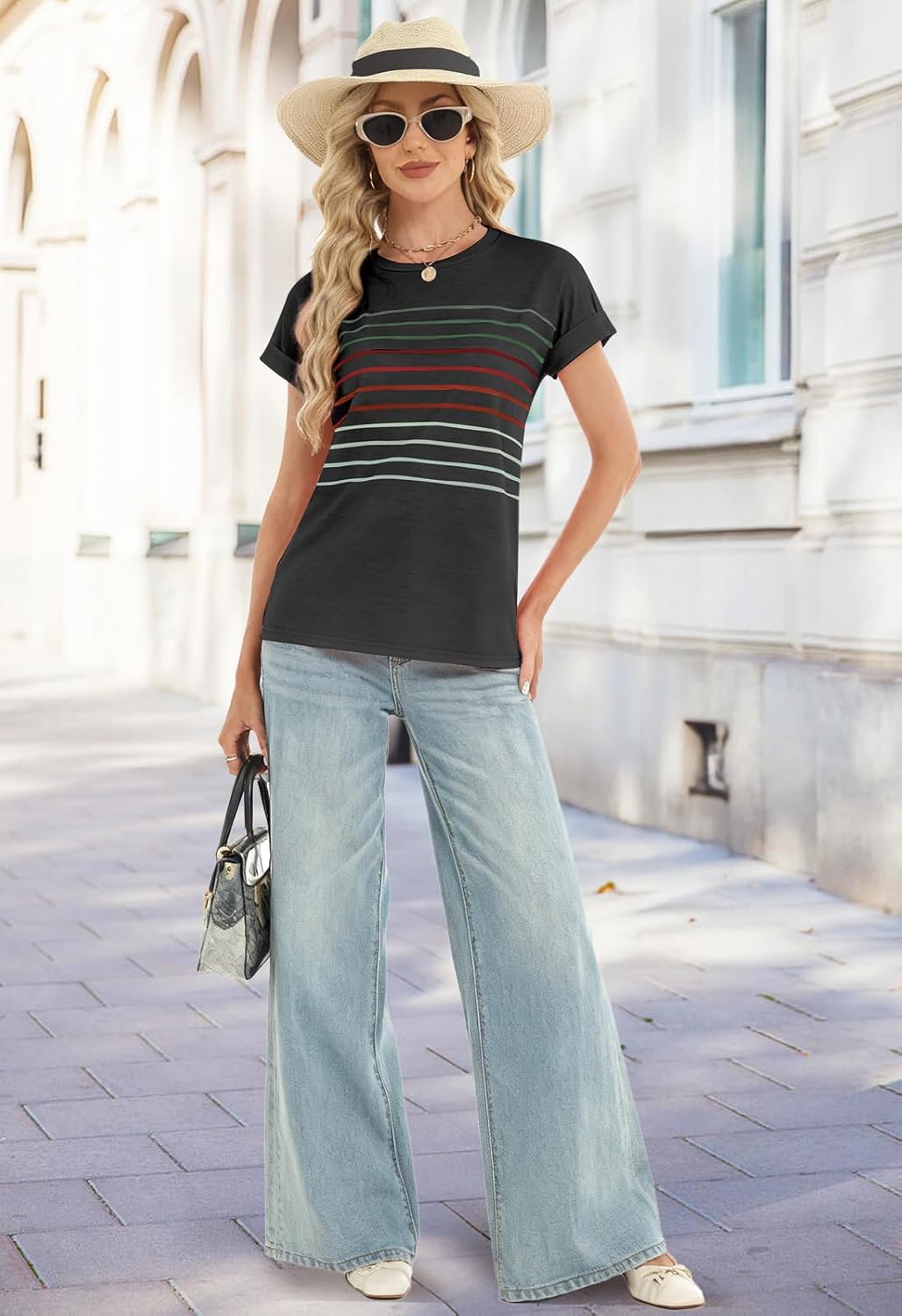 Womens Summer Tops Short Dolman Sleeve Crew Neck Striped Shirts Spring 2026 Fashion Beach Vacation Clothing - Image 5