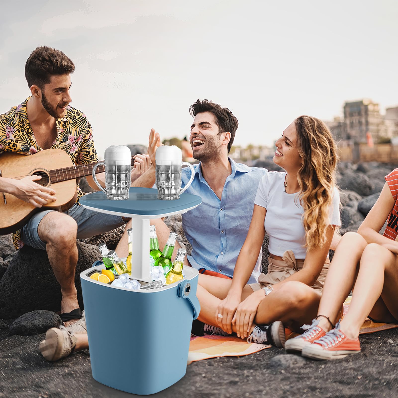 SOARS Bar Exterieur 3 en 1 15L Table d'Appoint Réglable en Hauteur 35 x 34 x 37-58 cm avec Boîte à Glace, Pince, Refroidissiment Jusqu'à 6H, Table pour Jardin Piscine Salon Chambre Bleu