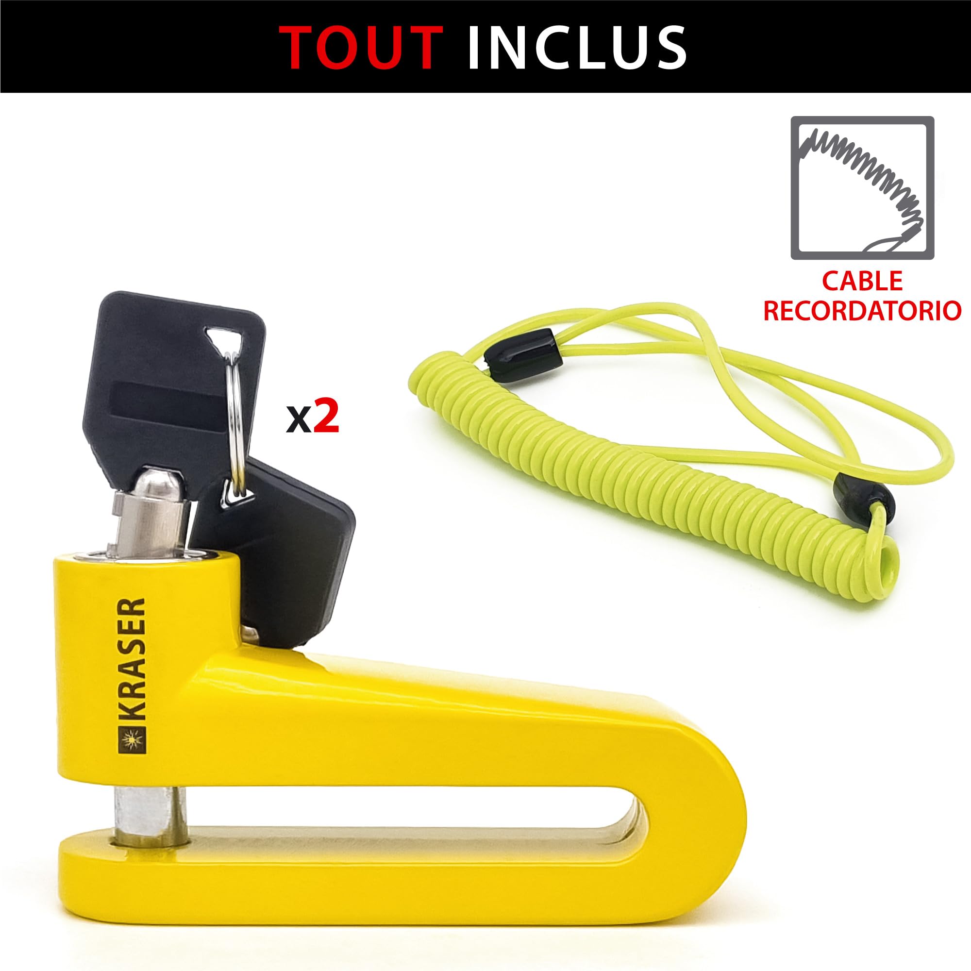 KRASER KR710Y Bloccadisco per Moto, Giallo ø10mm Più Deterrente, Serratura Anti-trapano, Sicurezza Compatta Facile da Trasportare, Lucchetto Antifurto Moto, Scooter, Bicicletta Elettrica, Monopattino