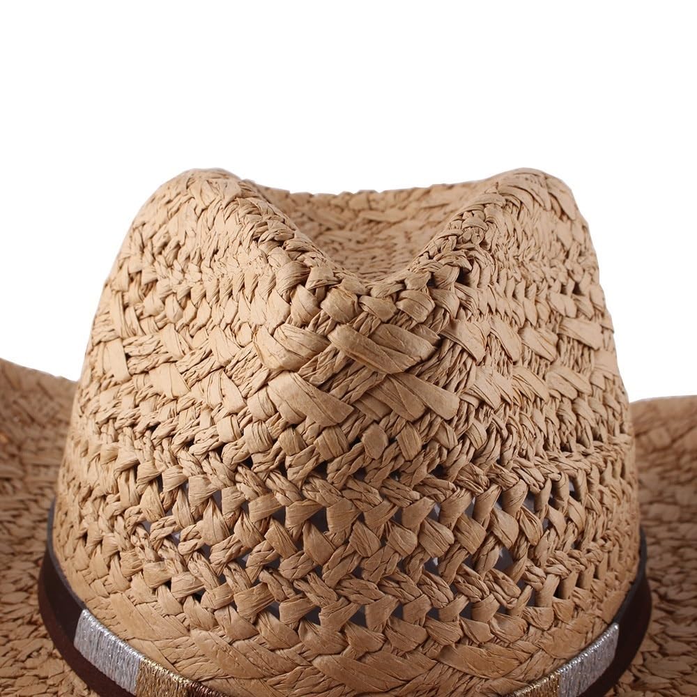 Cappello di Paglia da Uomo Cappello da Sole da Uomo a Tesa Larga Arrotolato for Bambini Cappello da Cowboy Occidentale in Paglia Primaverile ed Estivo