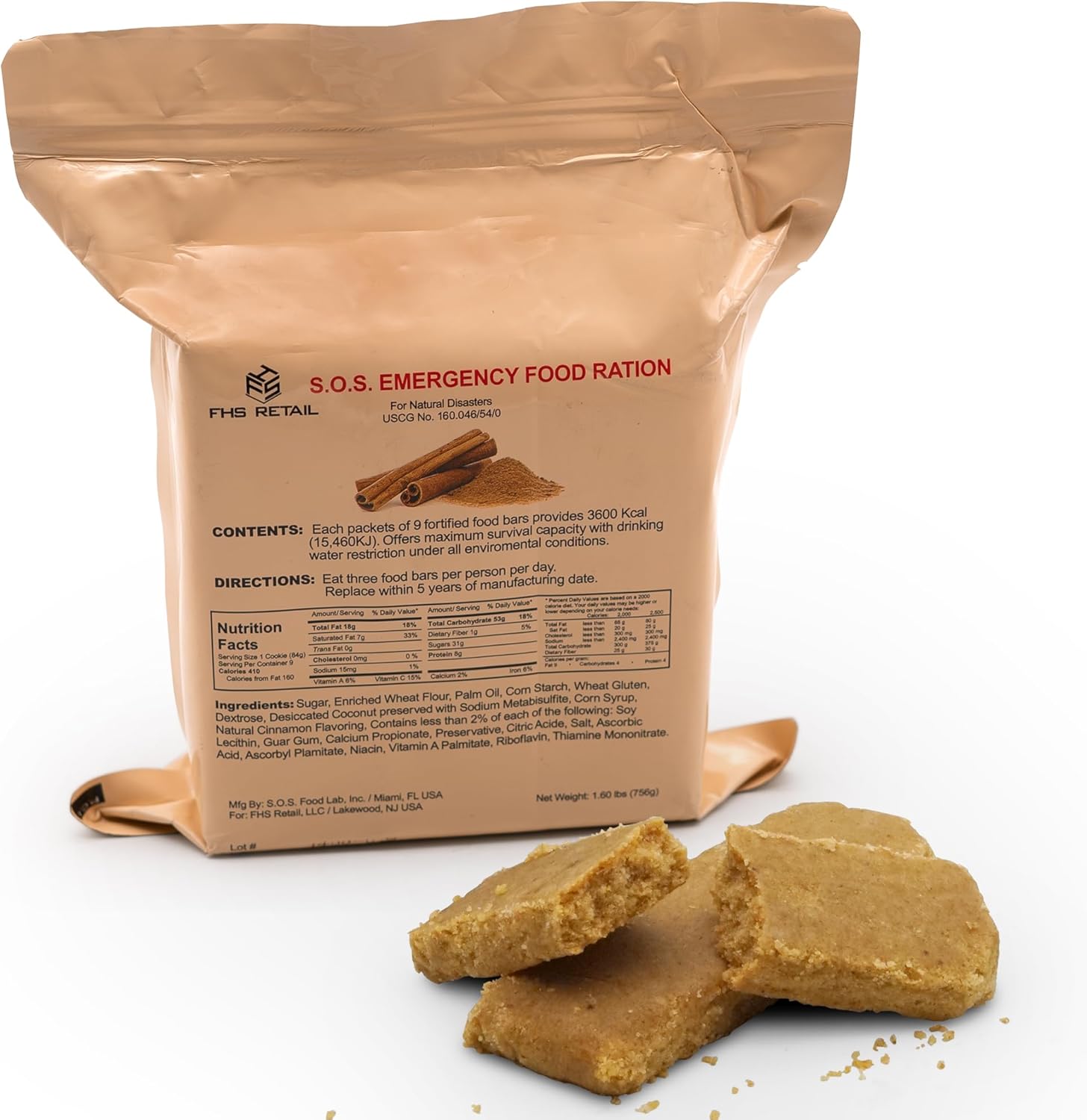 S.O.S. Rations Emergency 3600 Calorie Food Bar - 3 Day / 72 Hour Package with 5 Year Shelf Life Net wt. 1.60lbs (756g) (Cinnamon Full Case)