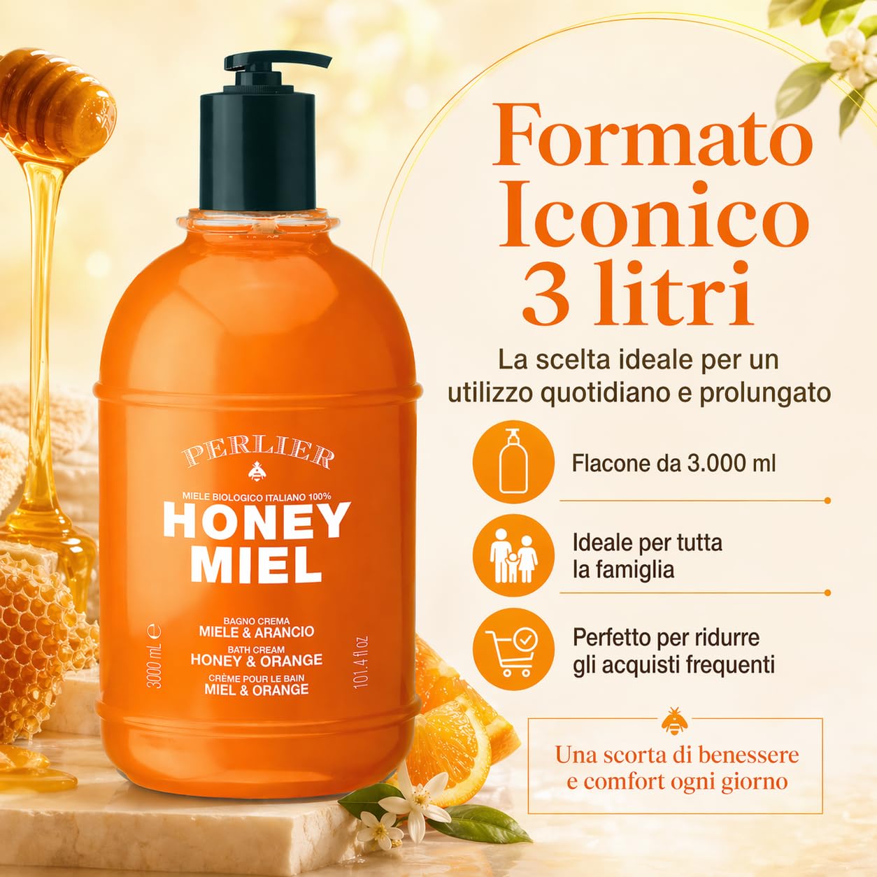 Perlier Honey Miel Bagno Crema Miele & Arancio 3 L con Dosatore – Detergente Corpo Nutriente, Profumazione Dolce e Agrumata, Pelle Morbida e Setosa, Maxi Formato