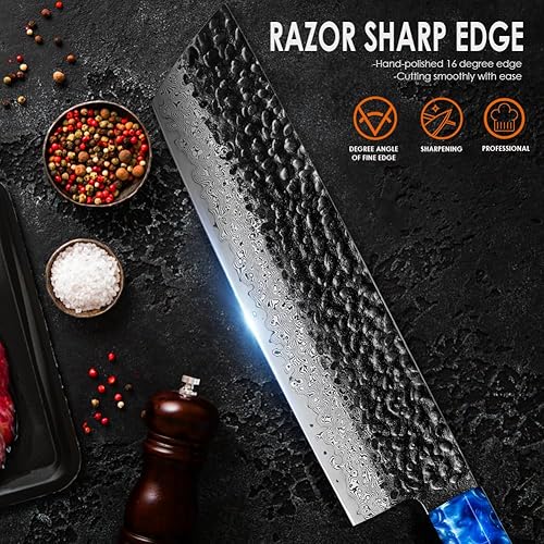 Miniatura 7 de Kuwata Nakiri - Cuchillo de cocina de Damasco de 7 pulgadas, cuchillo profesional VG10 de acero de Damasco para cocinar, cuchillo Nakiri G10 mango
