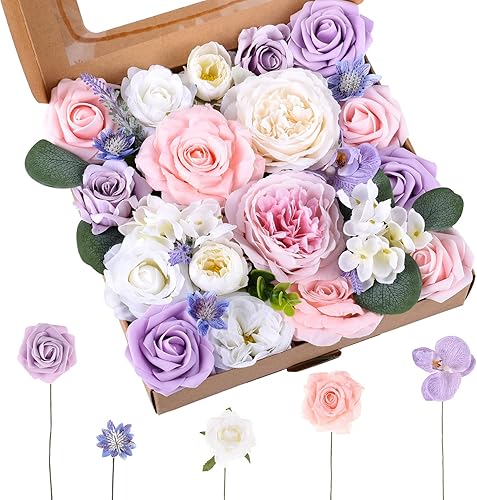 Miniatura 8 de Jspupifip Juego de cajas combinadas de flores artificiales, ramos de arreglos de flores de seda falsas con hojas de tallo para bricolaje, boda,