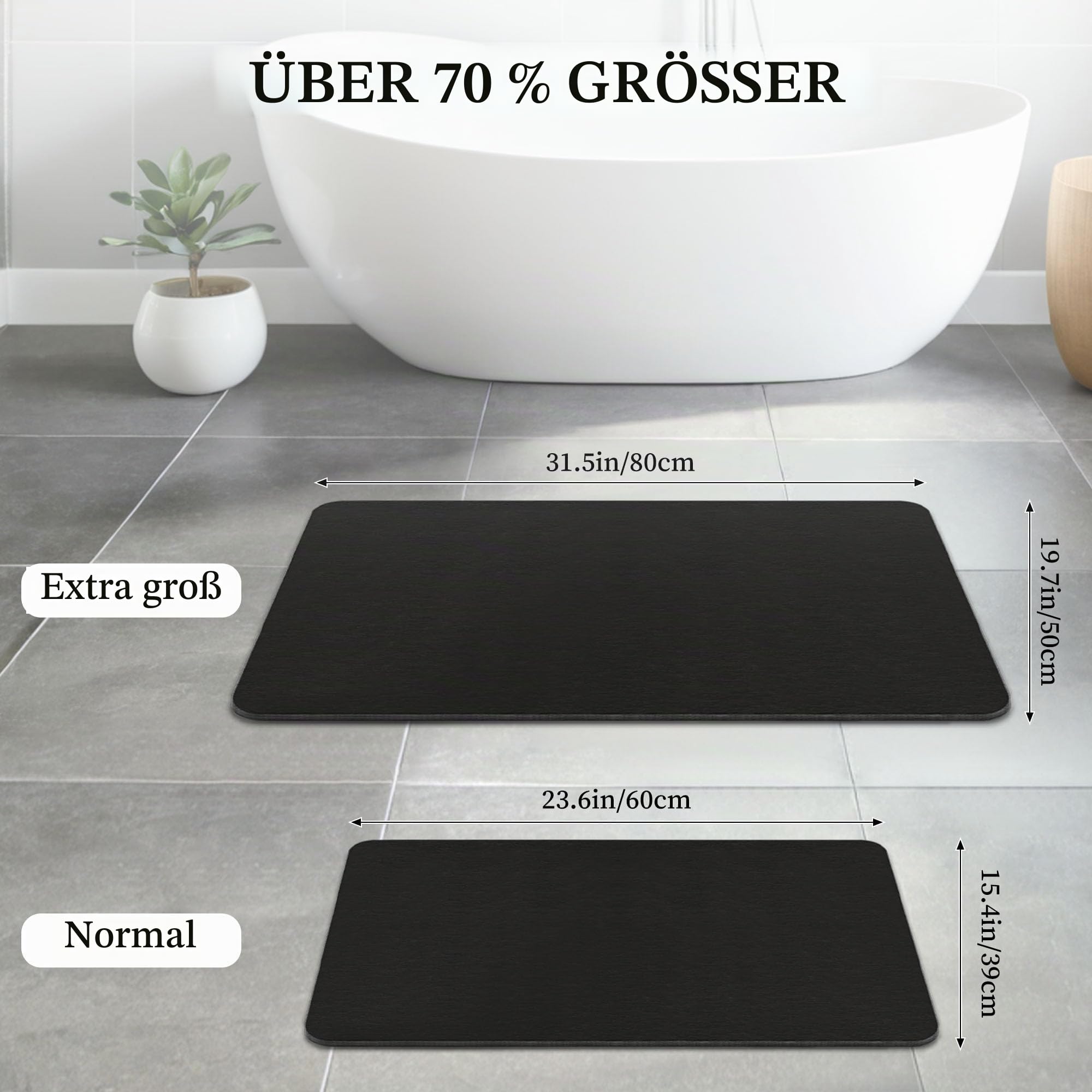 THMINS XXL Stein-Badematte aus Kieselgur für Dusche, 80 x 50 cm, Schwarz | Stark saugfähig, schnelltrocknend, rutschfeste Unterlage, pflegeleicht, für Dusche und Badezimmer