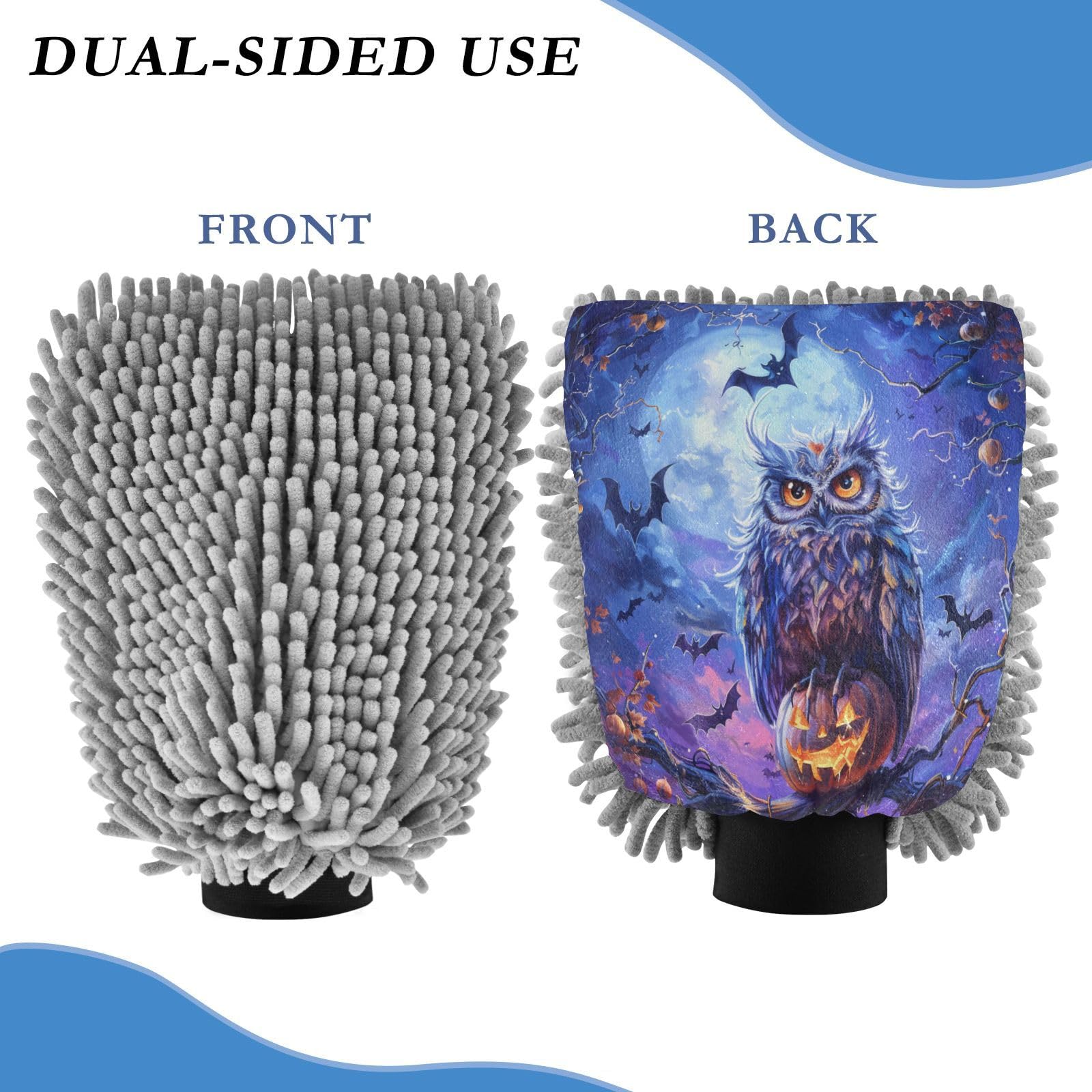 ALAZA Owl Halloween Car Wash Mitt Scratch Free, 2 Pack Absorbent Microfiber/Chenille Washing & Drying Mitts, M