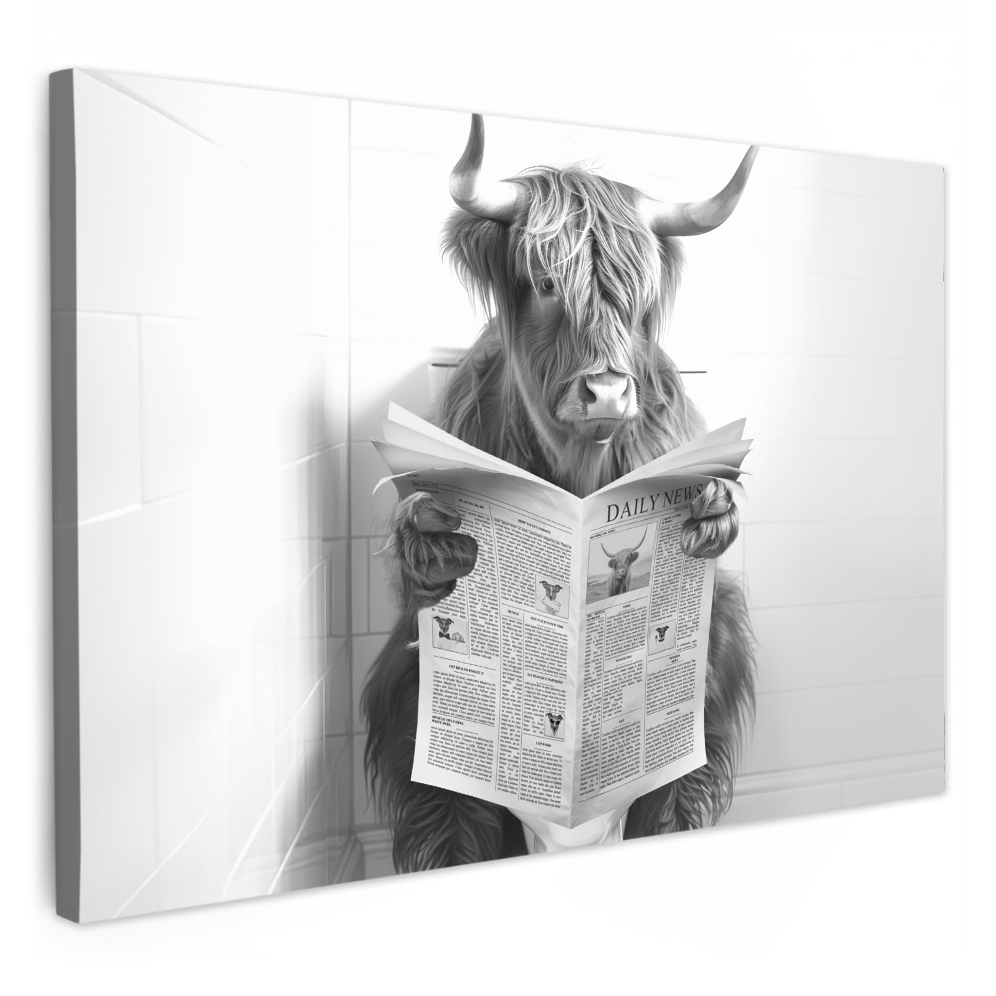 MuchoWow© Canvas Wall Art Work 120x80 cm House Decoration for Living Room Home Decor Pictures Walls Scottish Highlander - Cow - WC - Newspaper - Black and white