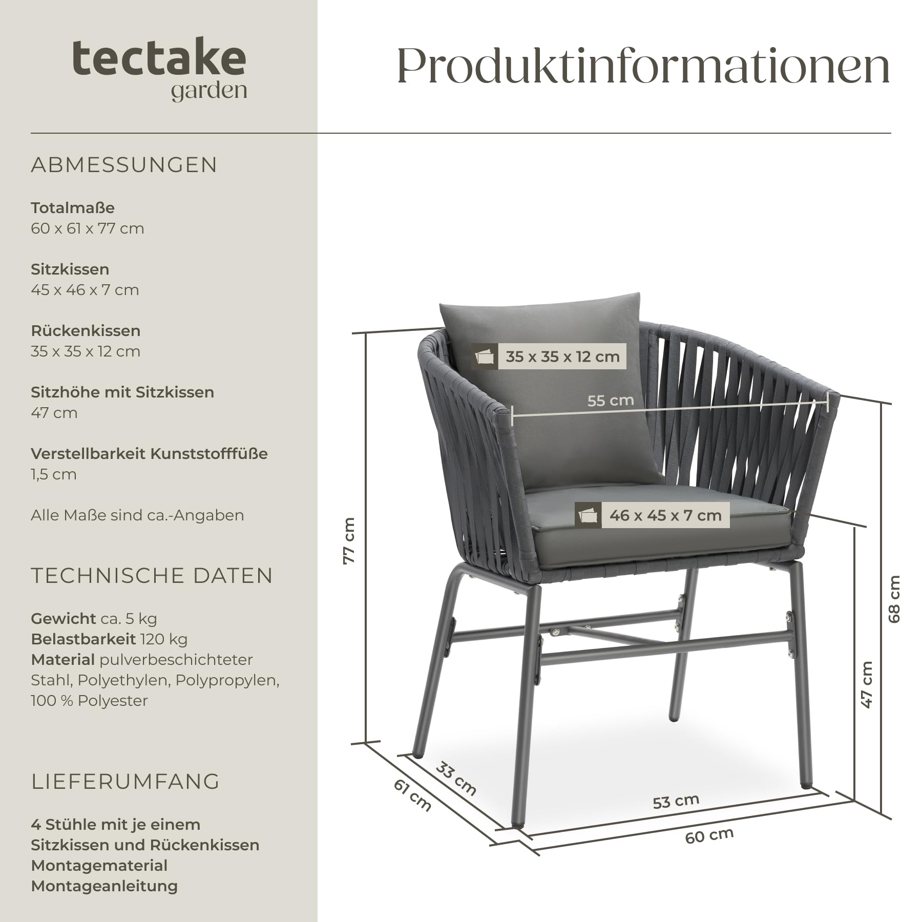 tectake® Gartenstühle Set, Geflecht-Stuhl, Gartenstuhl Rope, Stühle Outdoor, Balkon Sessel, Terrassenmöbel mit Sitzpolster und Kissen für Garten, als Terrassenstuhl, Gartensessel - 4er Set