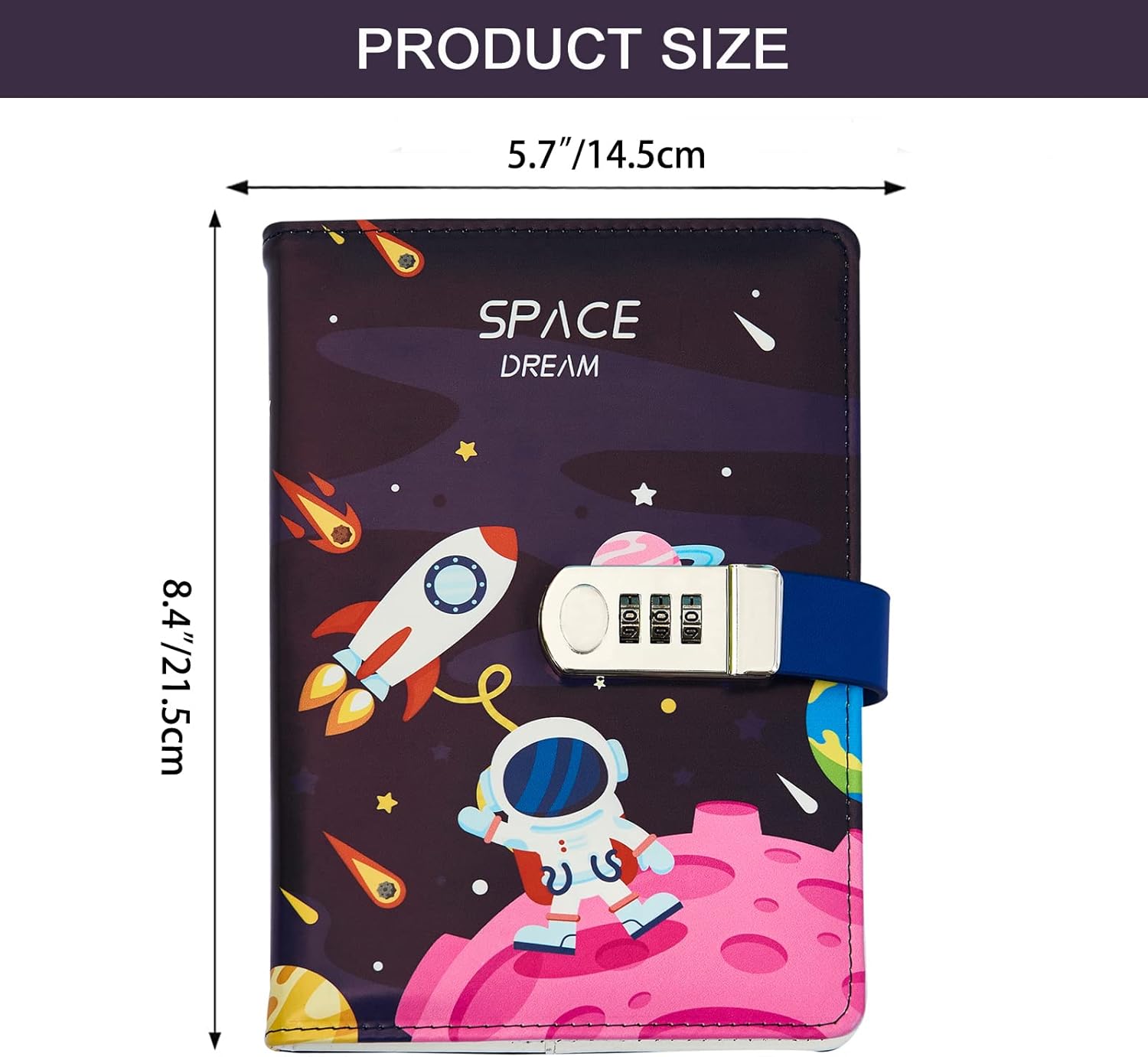 NectaRoy A5 Lockable Diary Travel Journal, PU Leather Space Astronaut Pattern Password Notebook Sketchbook - Image 3