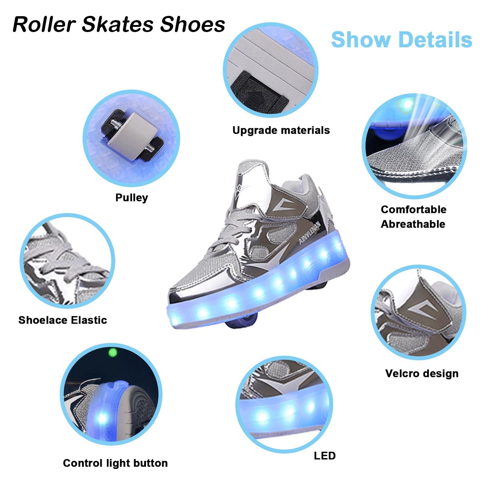 TECDOTO Zapatos de Patines Rueda Doble para Niños y Niñas Monopatín Niños Carga USB LED Intermitente Zapatos de Skate Zapatillas de Skate con Ruedas Rectas Zapatillas Skate Técnicas,Silver-30EU