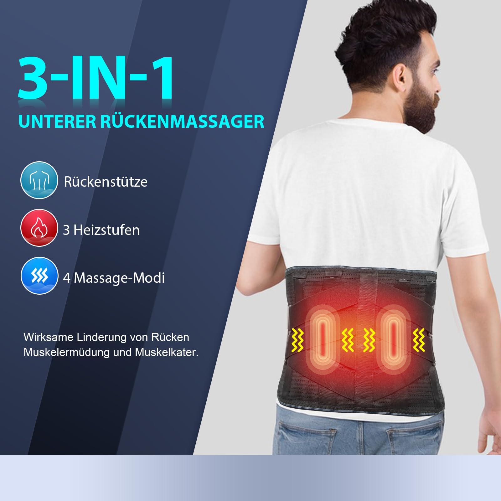 HONGJING Beheizte Rückenmassagegerät Bandage zur Schmerzlinderung im unteren Rücken, schnurloser Rückenvibrations-Massagegurt mit 3 Heizmodi und 4 Massagemodi für Ischias und Skoliose-L
