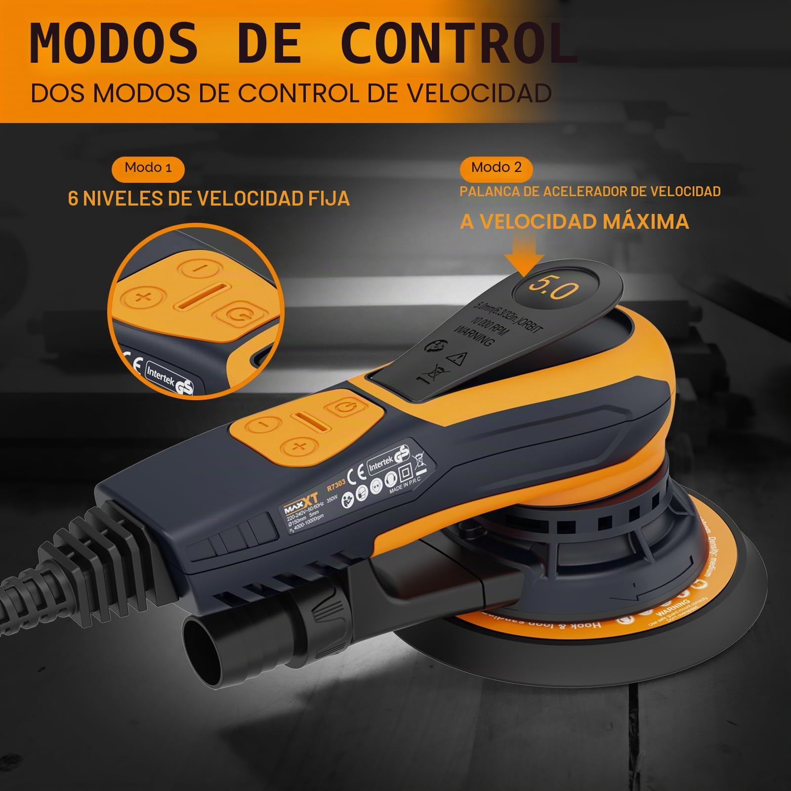 Lijadora orbital aleatoria MAXXT 5,0mm sin escobillas Lijadora eléctrica 350W | 6 velocidades ajustables (4000-10000 rpm) | Plato lijador 150 y 125 mm | Incl. caja práctica, 20 hojas de lija | Frenado