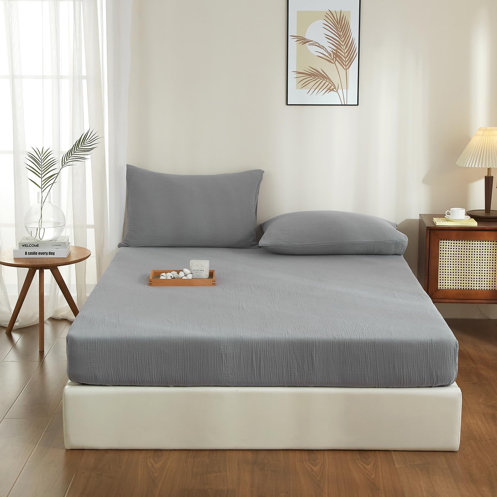 Boqingzhu Muslin Baumwolle Spannbettlaken 180x200cm Grau Dunkelgrau Anthrazit Atmungsaktiv Weich Hautfreundlich Spannbetttuch Bettlaken für Matraze bis 30cm Boxspringbett Topper