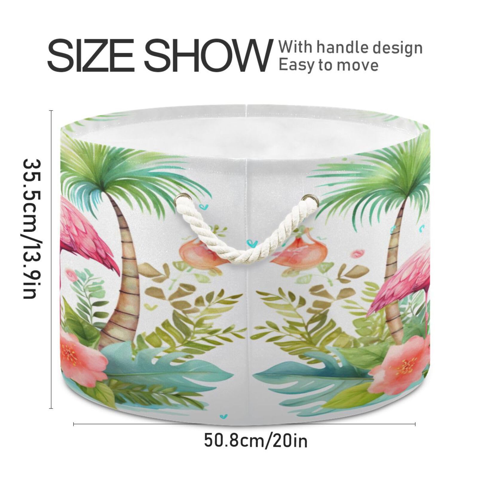 Round Pink Flamingo Summer Storage Basket Large Organizer Bin Laundry Hamper Toy Storage Basket with Handle for Nursery Clothes Toys 202b4059