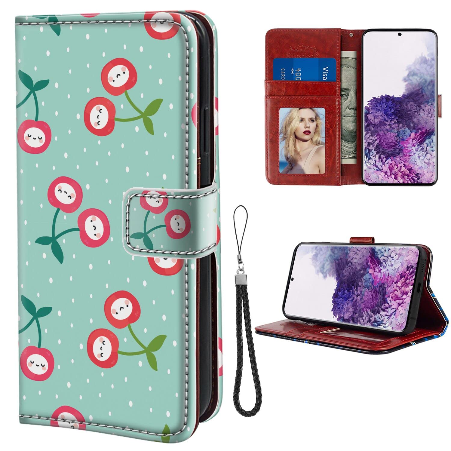 Wallet Case Compatible for Samsung Galaxy Note 20 (2020) (6.7") with Cherry Stand Support Wristband Credit Card Slots Side Cash Pocket Magnetic Buckle PU Leather Flip Cover