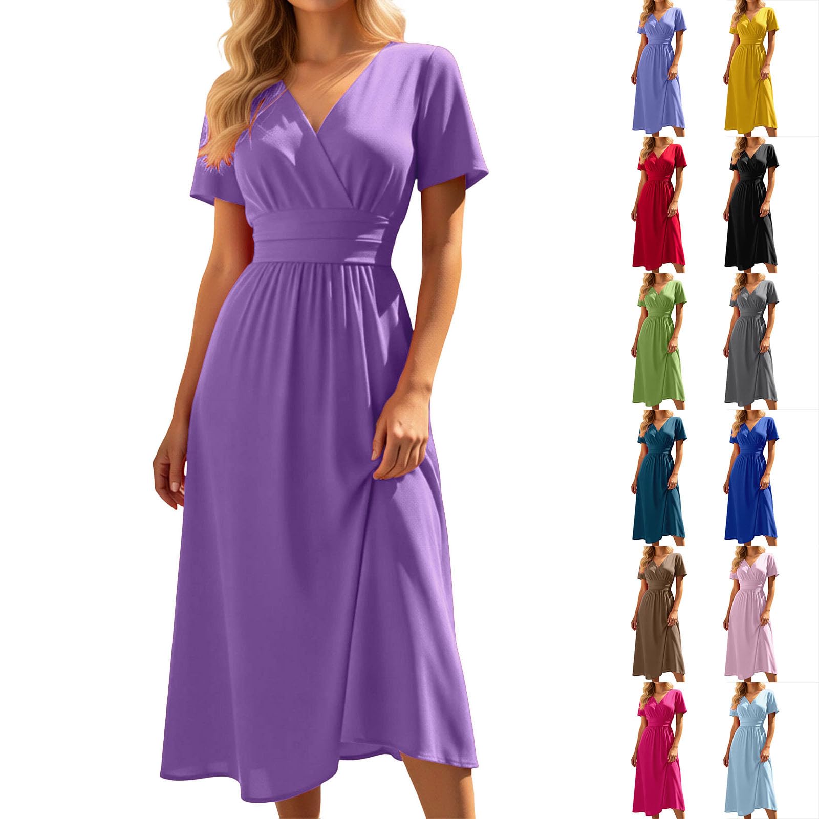 Générique Robe Femme Chic et Elegant Col en V Taille Haute ete Robe Longue D'Été Plissée Manches Papillon Fente Latérale Froncée Empire Robes pour Soirée Mariage Fête