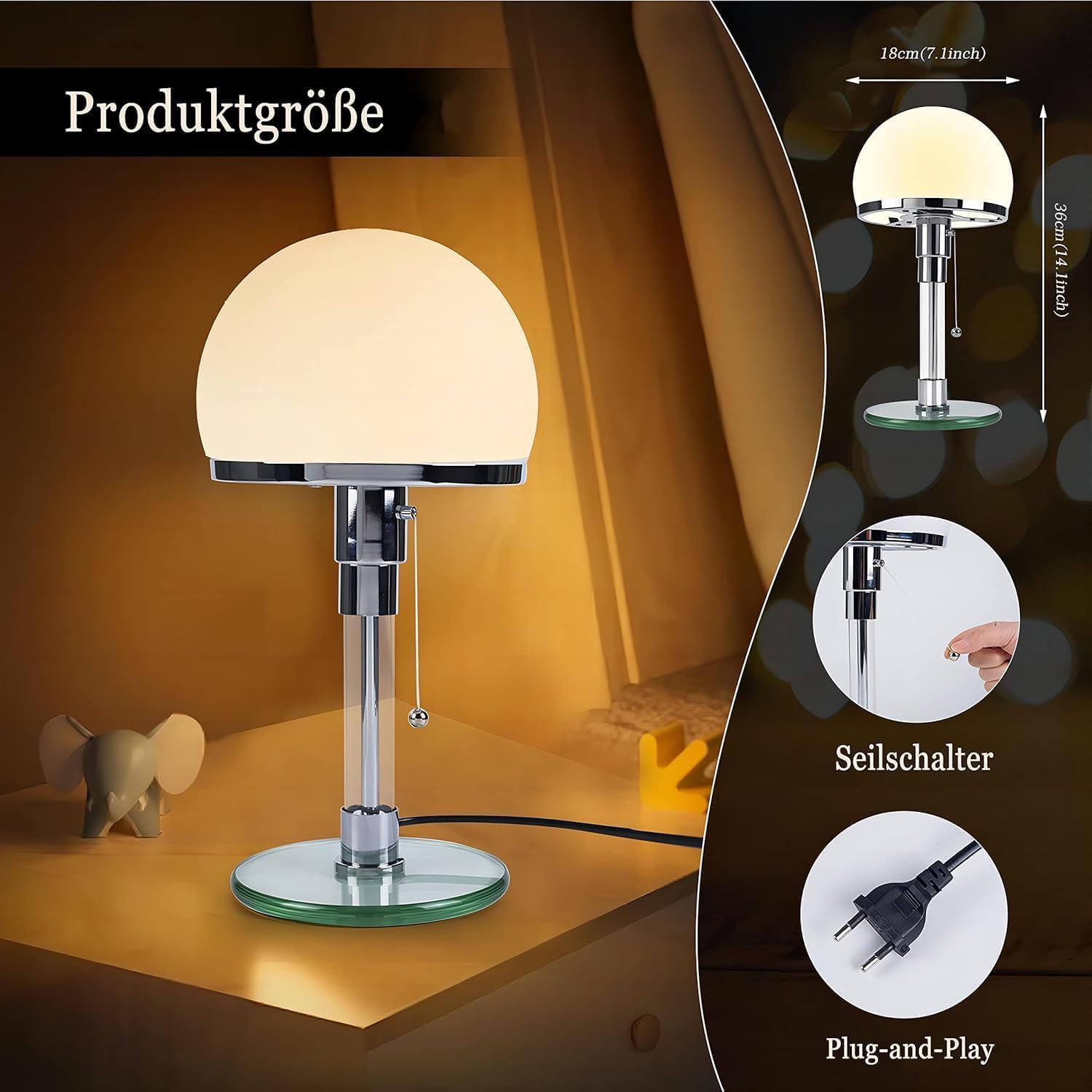 Moderne Nordische LED-Tischlampe,Pilz Lampe,Glas-Bauhaus-Tischlampe Pilzlampen Tischlampe mit 3 Helligkeitsmodi.