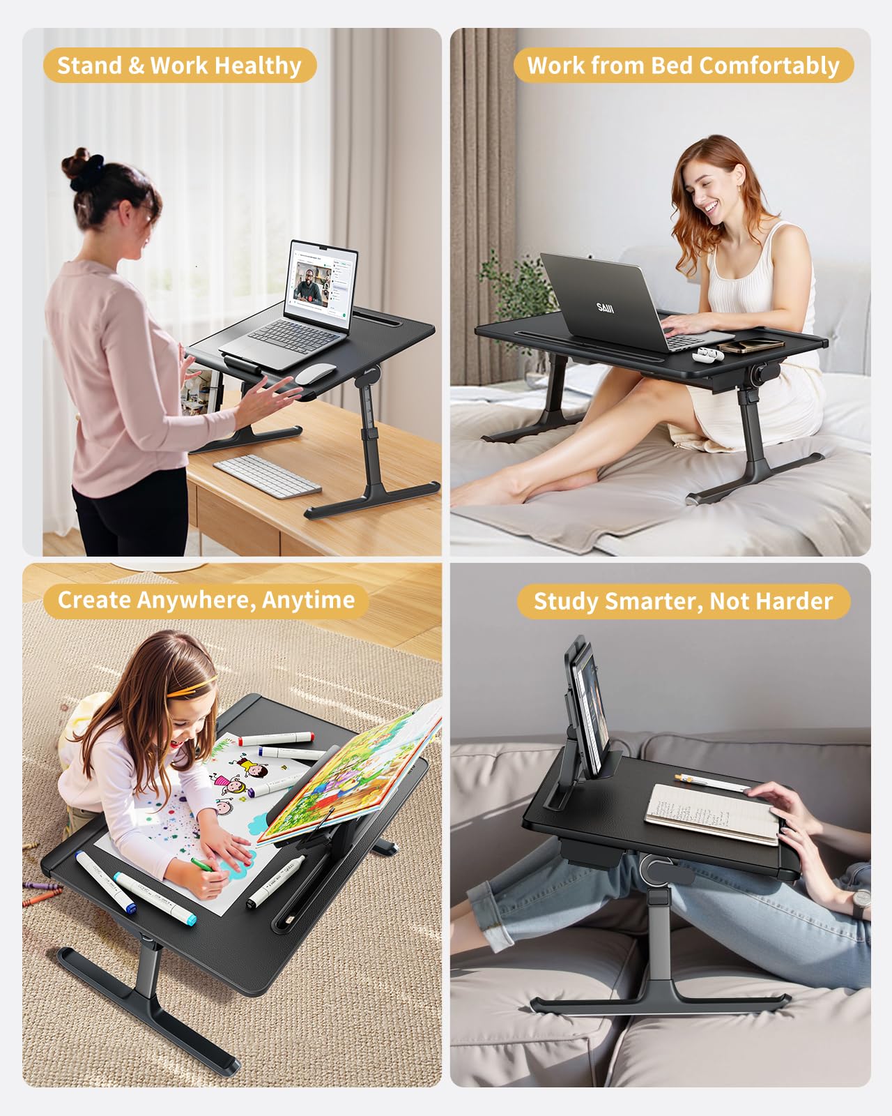 SAIJI Scrivania da letto per laptop [Premium XXL extra large] con supporto regolabile in altezza, multiuso, di alta qualità, scrivania pieghevole per laptop con cassetto portaoggetti (nero)