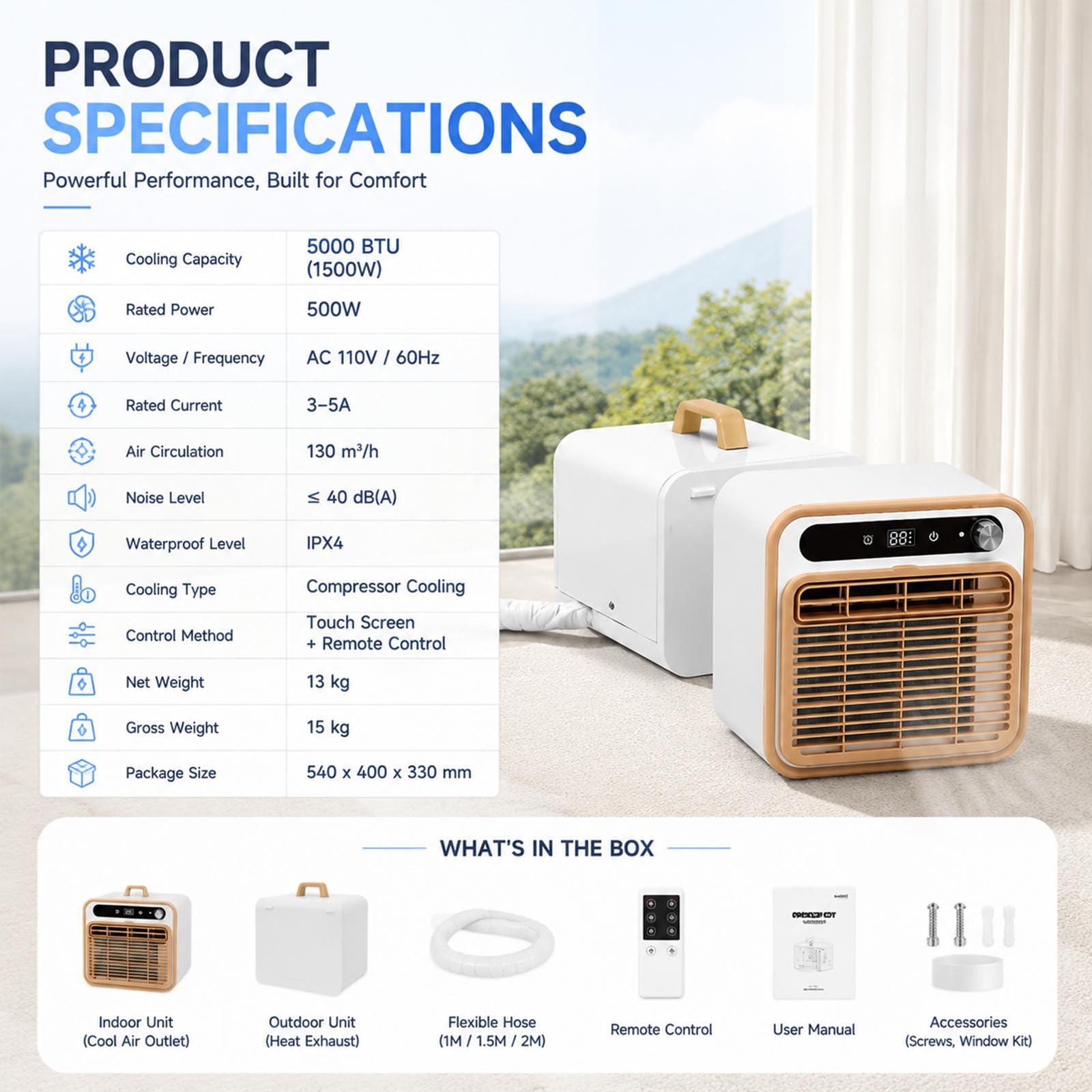Przenośny klimatyzator typu split 1500 W – cicha jednostka chłodząca z przepływem powietrza 130 m³/h, timerem 12-godzinnym i pilotem; w zestawie RotaryKnobVersion+Remotecontrol-1M
