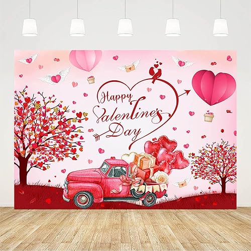 Miniatura 2 de Telón de fondo para el día de San Valentín de 7 x 5 pies, globo de corazón rojo de amor de San Valentín, camión, globo aerostático, regalo de