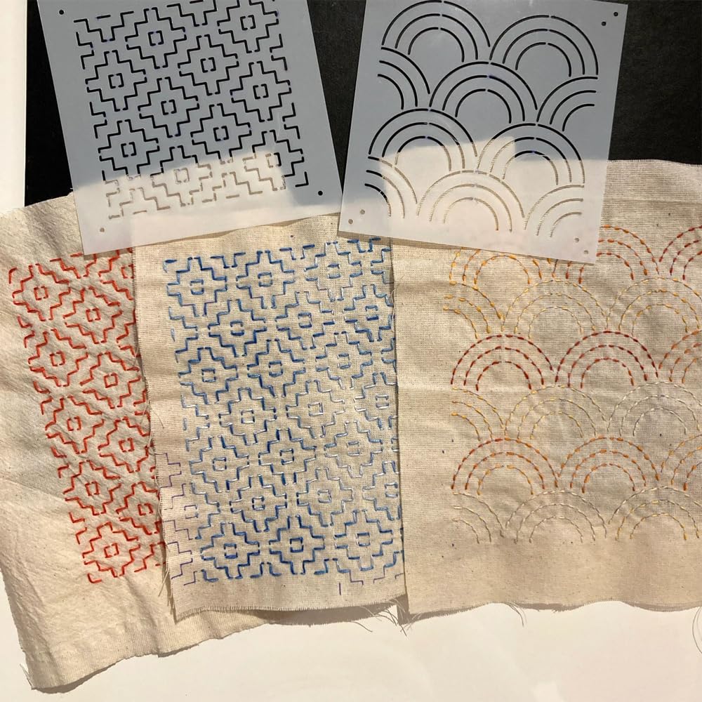 Stencil Sashiko,8 Modelli Riutilizzabili in Plastica per Ricamo e Cucito 12,9 x 12,9 cm Motivi Geometrici Ldeale per Lavori Artigianali e Regali