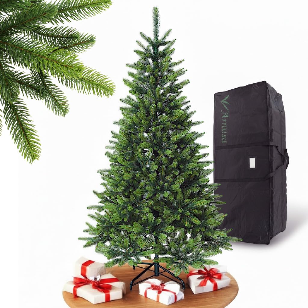 Künstlicher Weihnachtsbaum Premium Spritzguss PE 150 cm Höhe und 1093 Spitzen wie echt mit Metallständer und Aufbewahrungstasche Klappsystem Kunst Tanne (150 cm Höhe)