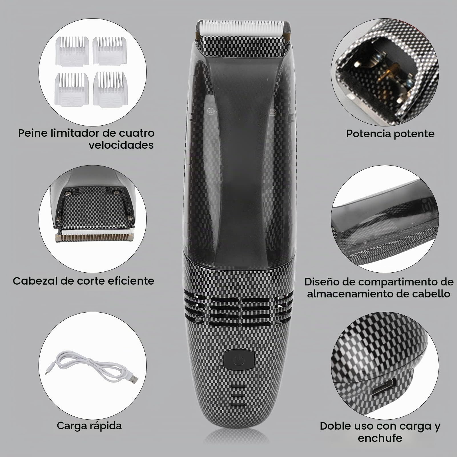 Cortapelos Eléctrico para Hombres, Cortapelos Profesional con Compartimento de Almacenamiento Amplio y de Succión Automática para Recogida de Cabellos