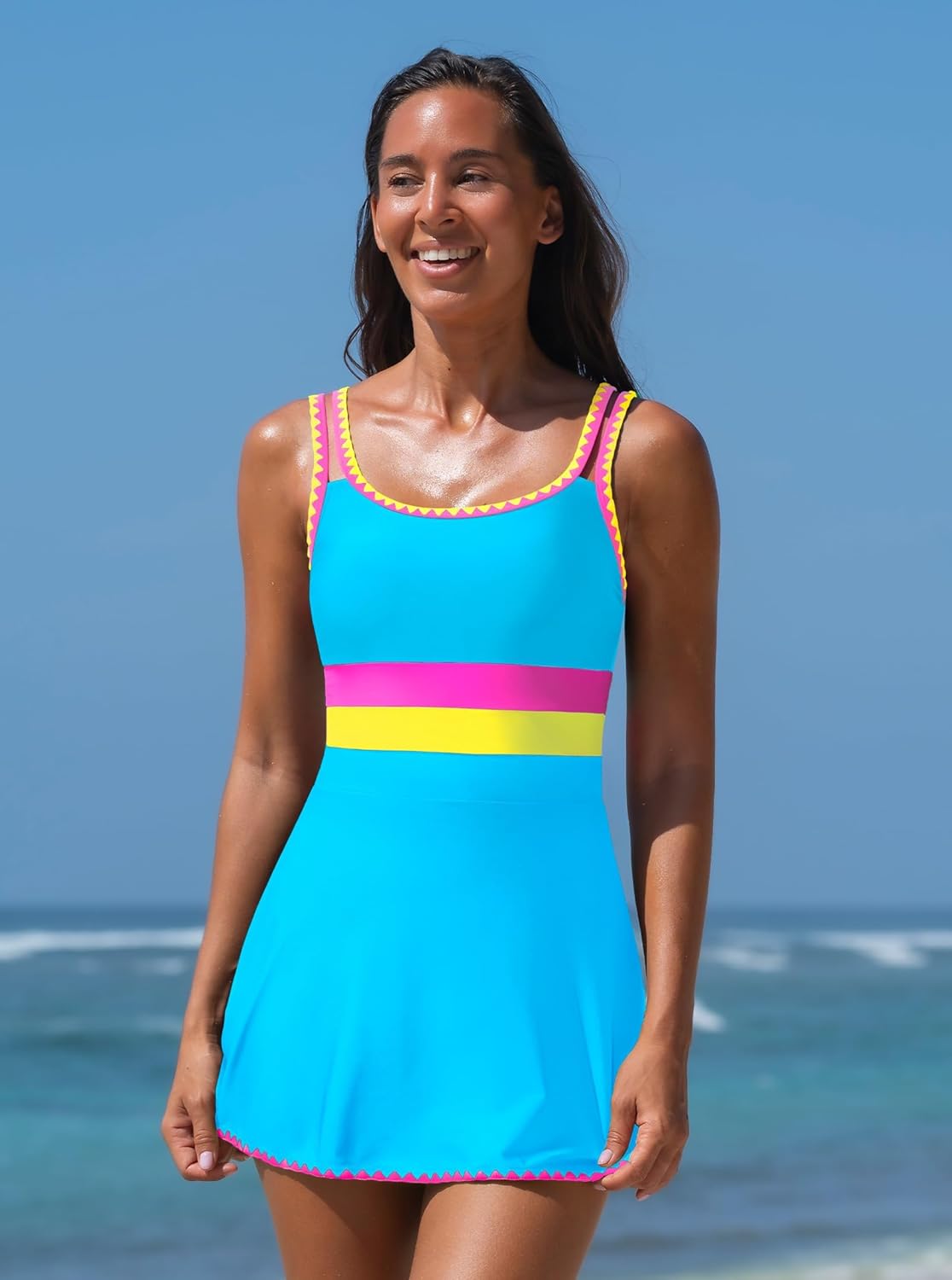 popvil Women One Piece Swimsuit 2026 Tummy Control Bathing Suit Neon Modest Swim Dress with Skirt Full Coverage - Image 2