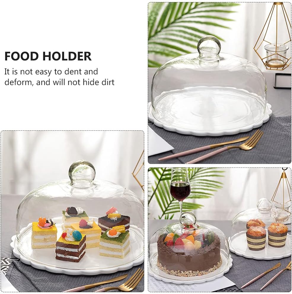 DOITOOL Ceramic Cake Plate with Glass Dome Glass Dessert Holder Clear Cupcake Stand Decorative Serving Tray Dish Rack for Fruit Dessert Cake White