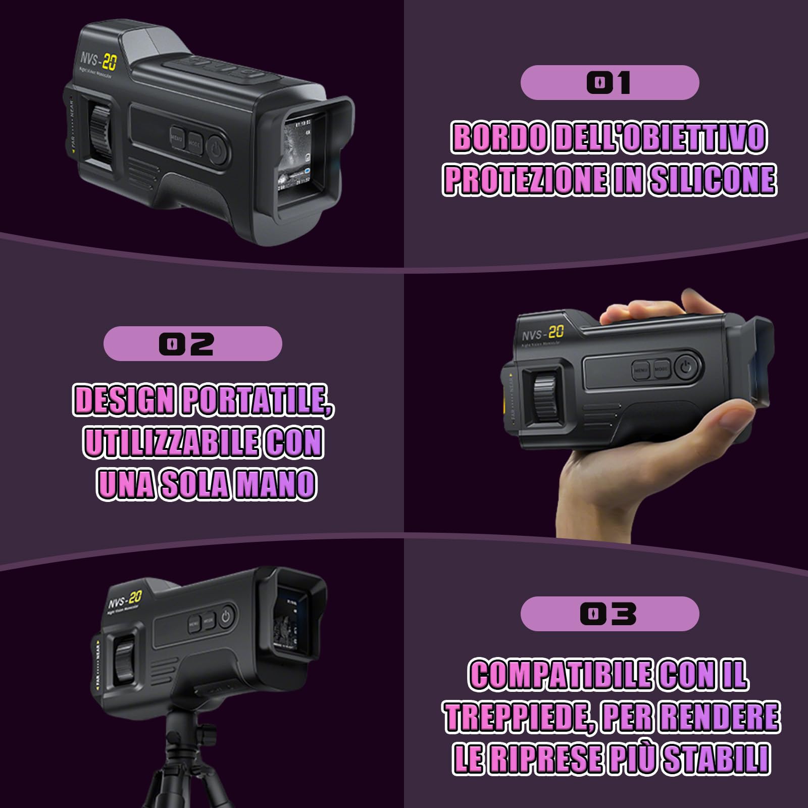 NVS-20 4K 36MP Monocolo Visione Notturna per Adulti, Zoom Digitale 6X Monocolo Professionale con 7 Livelli IR 850nm, Batteria 18650 Rimovibile, Scheda TF da 32GB, Caccia, Birdwatching, Campeggio