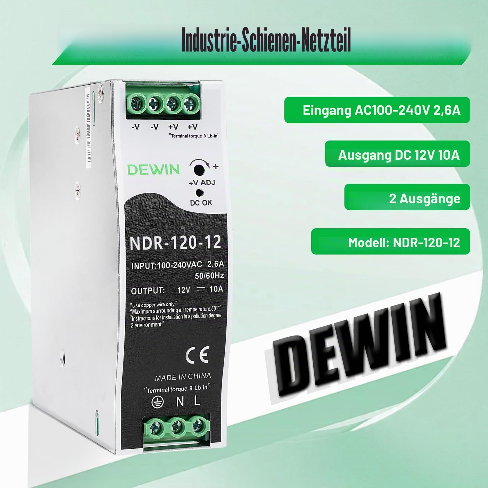 120W 10A 12V Netzteil Hutschiene, Din Rail Power Supply mit Überspannungs, Überlast, Kurzschlussschutz usw. Eingang AC 100-240V 2.6A, Ausgang DC 12V 10A