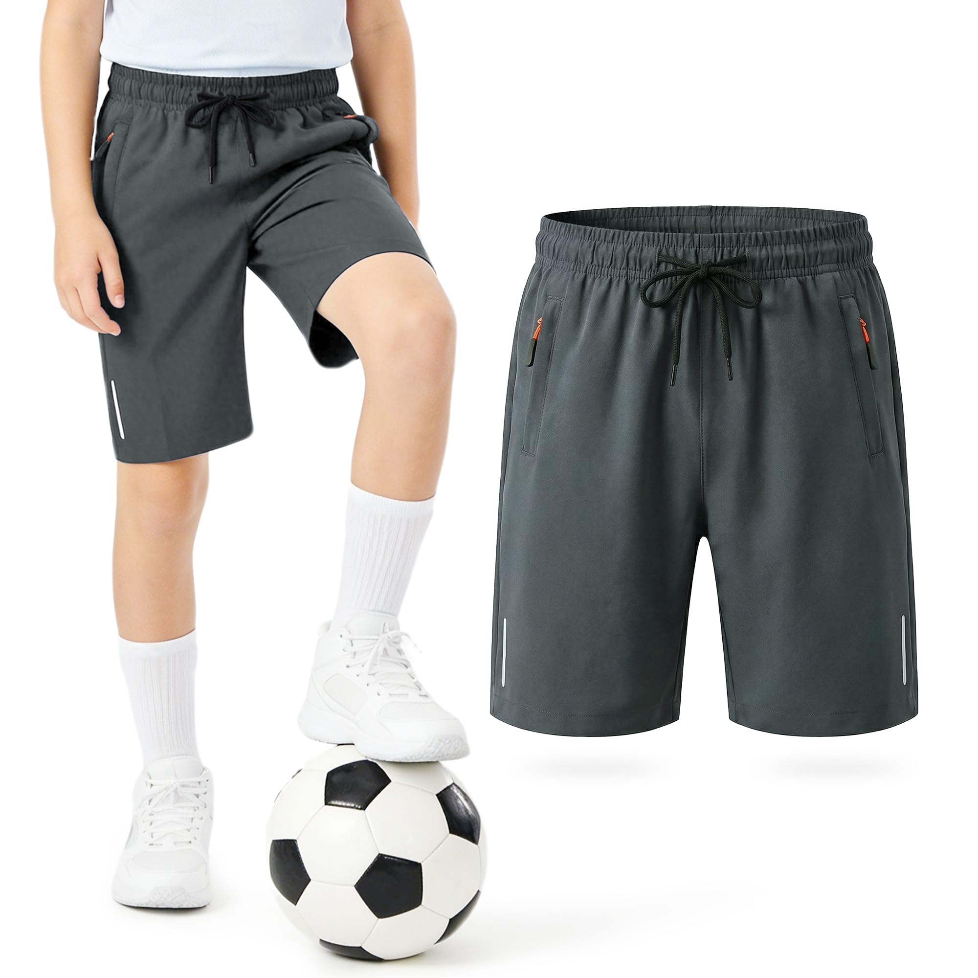 Pantalones Cortos Niños Verano, Secado Rápido Ligero Pantalón Corto Deportivos con Bolsillos con Cremallera y Cintura Elástica Cómodos Casual Deporte Shorts para Infantil 5-13 Años