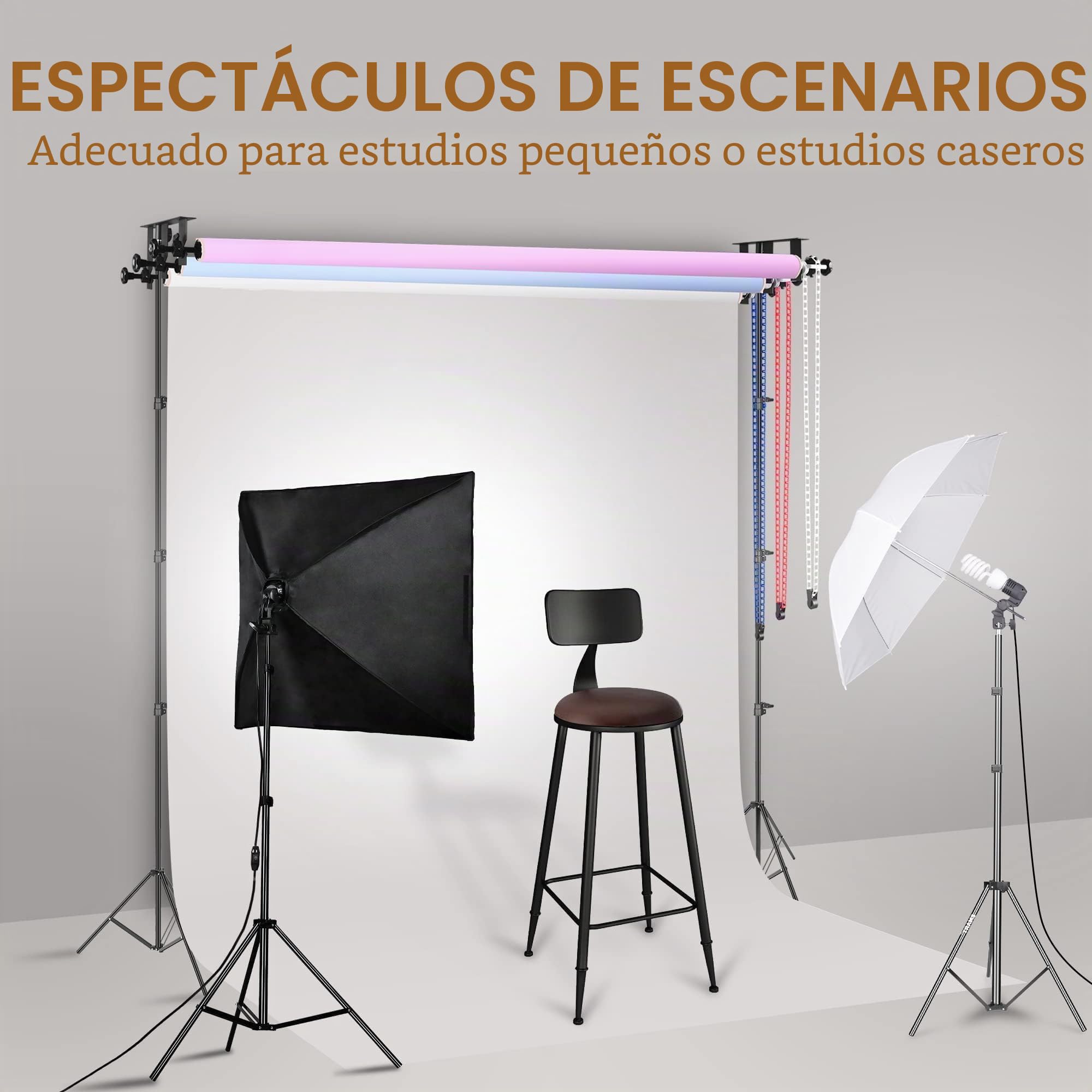 EMART Pared de Fondo de Rodillo, Sistema de Soporte de Fondo Manual de Montaje en Pared,Incluye 3 Rodillos, 2 Ganchos Triples, 6 Varillas Telescópicas, 3 Cadenas, 8 Tornillos de Fijación y 3 Ganchos
