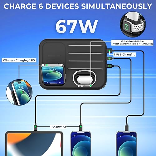 Miniatura 4 de Estación de carga inalámbrica rápida de 20Wx 2 PD para múltiples dispositivos Apple, 67 W, 6 puertos, teléfono tableta, 6 en 1, base de carga USB