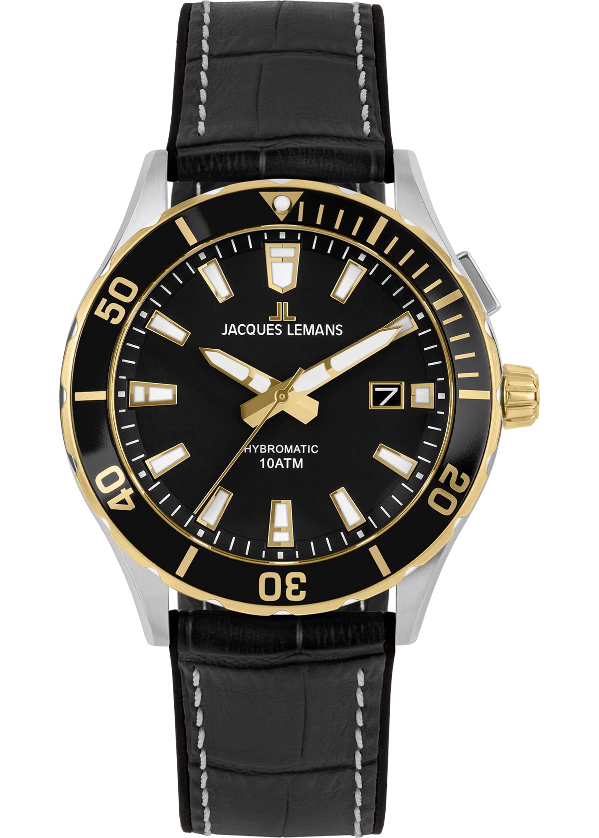 JACQUES LEMANS Zegarek męski, Hybromatic zegarki męskie, chronograf z masywnej stali nierdzewnej z silikonową skórzaną bransoletką, model 1-2131