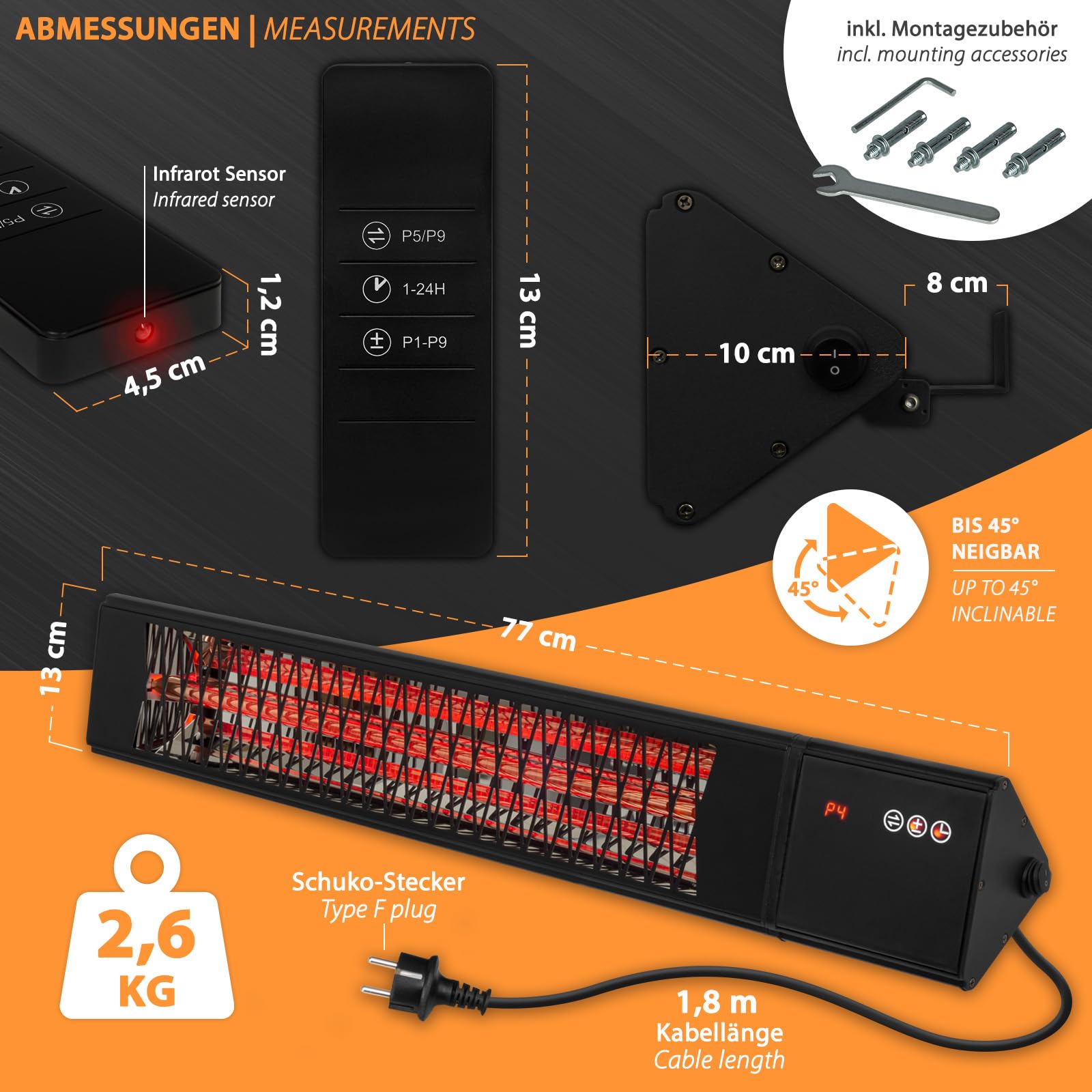 Smart Diamond 2000 W riscaldatore a infrarossi per terrazze, 9 livelli di riscaldamento, telecomando, Tuya Smart App, IP65 Outdoor