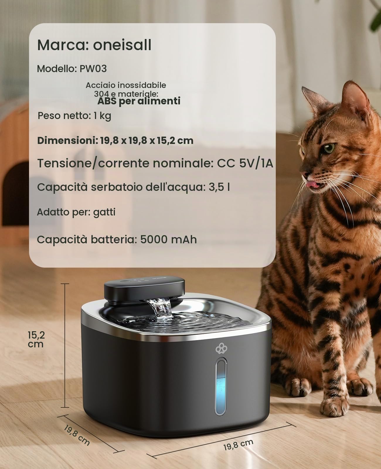 oneisall Fontana per gatti senza fili per bere, fontana per gatti in acciaio inossidabile da 3,5 l, con sensore di movimento, silenziosa fontana per gatti a batteria, fontana per gatti con 3 filtri