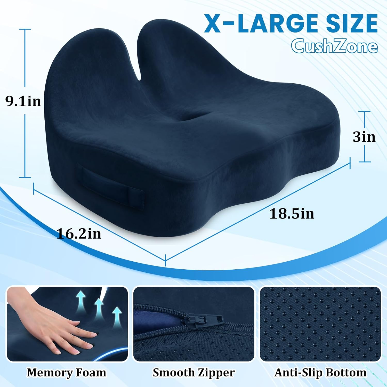 Seat Cushion, Memory Foam Office Chair Seat Cushion for Office Chairs/Car/Long Trip/Desk Chair/Gaming, X-Large Size for Sciatica & Hip & Tailbone Pain Relief, Sciatica Support (Blue) - Image 2
