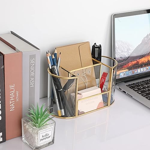 Miniatura 5 de Hipiwe Soporte para brochas de maquillaje dorado, 4 ranuras, organizador de brochas de cosméticos de vidrio, soporte para control remoto, soporte