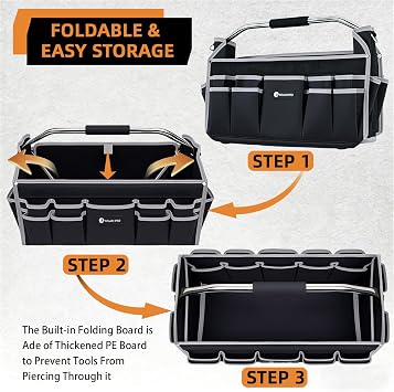 22in Tool Bags For Men Heavy Duty, 33 PCS Pockets Tool Bag Organizer Foldable Open Top Tool Bag With Handle, Wide Mouth Electrician Tool Tote, Grey