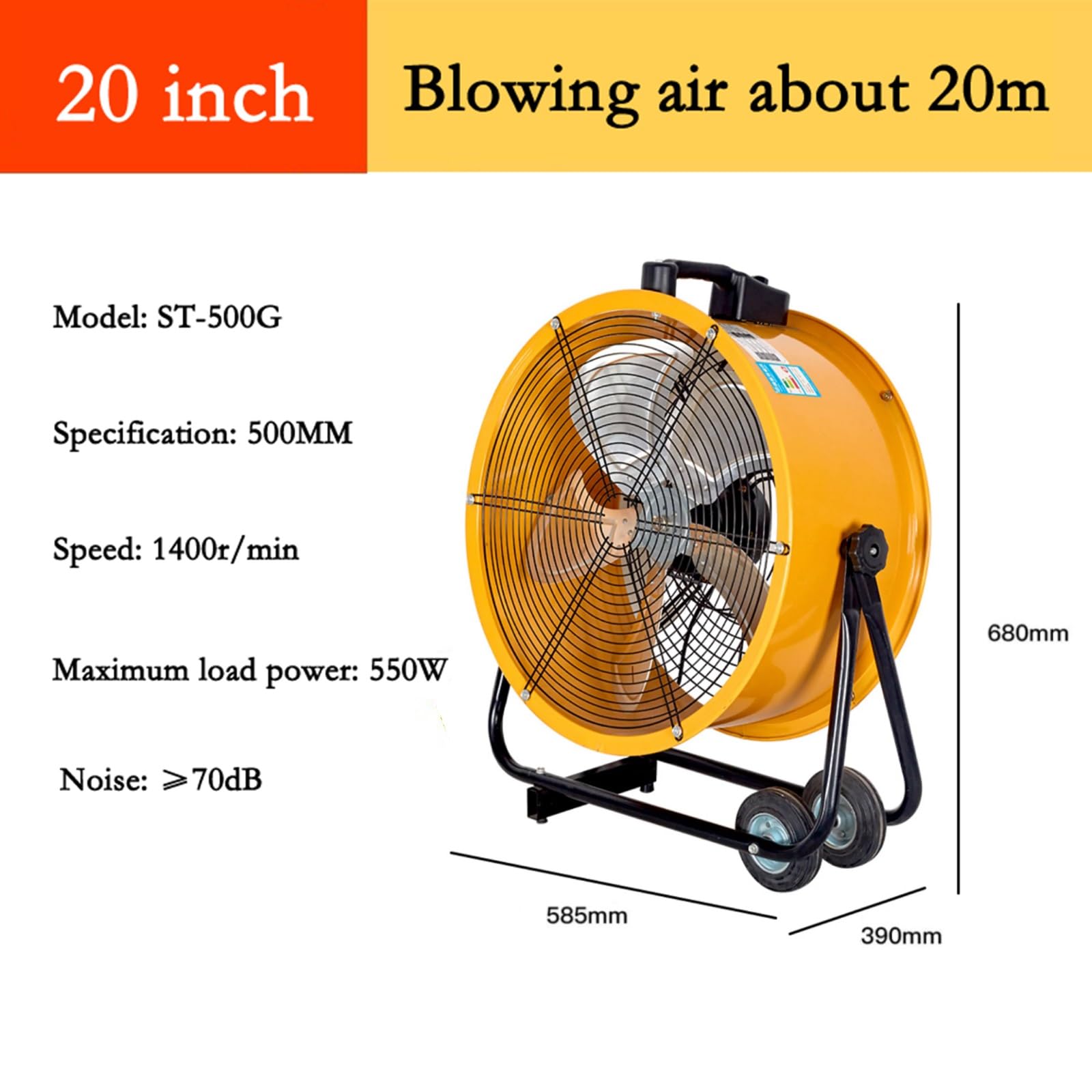 Ventilador industrial portátil, ventilador de suelo industrial con ruedas de 16/20 pulgadas