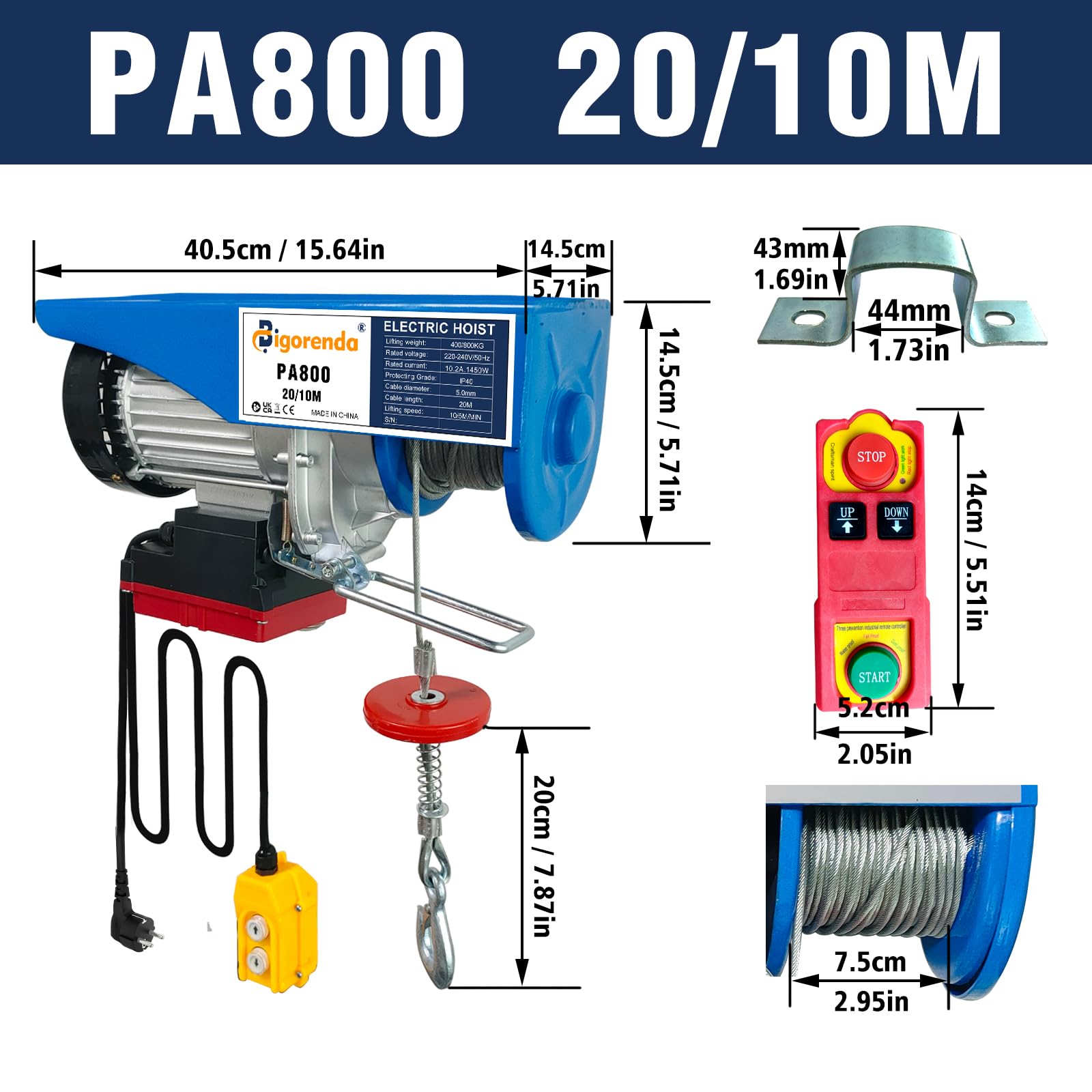 230V Elektrische Seilwinde 800kg, 2-in-1 mit kabelloser und kabelgebundener Fernbedienung, Einzel/Doppelschlingen, Hubhöhe 20m