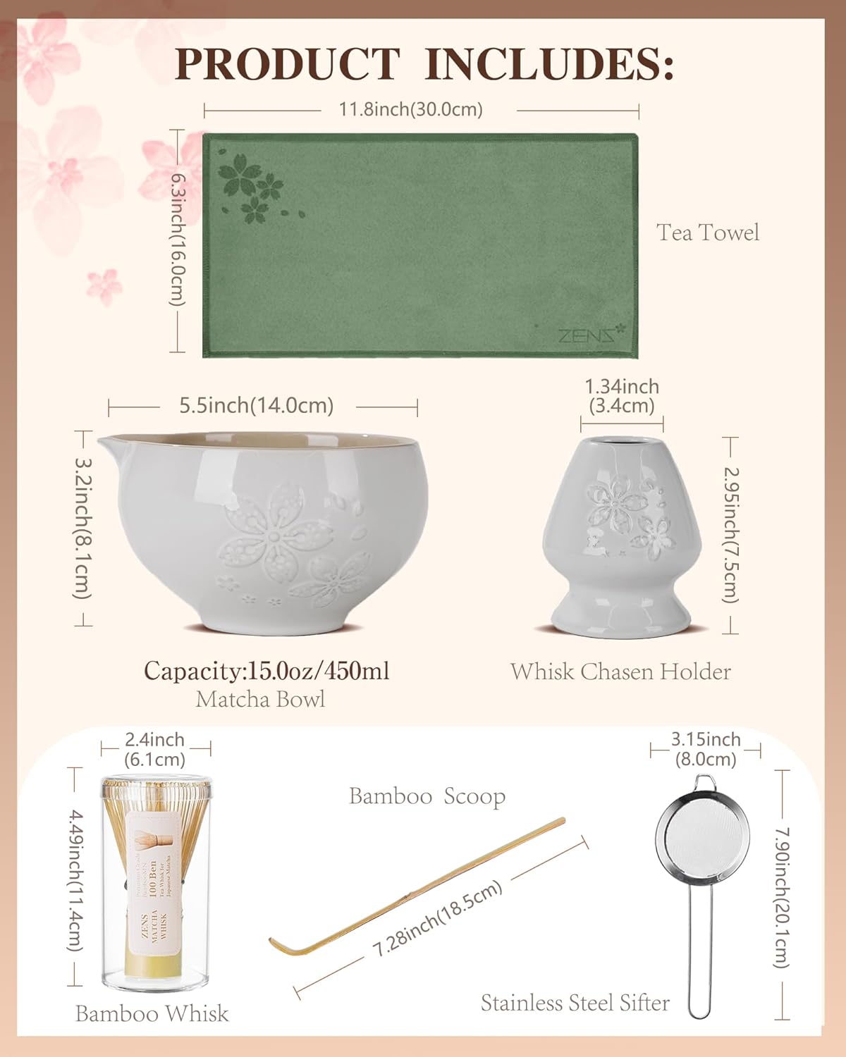 ZENS Matcha Whisk Set, Ceramic Matcha Kit Set Includes Matcha Bowl, Bamboo Whisk and Scoop, Chasen Holder, 304 Sifter and Tea Mat - 6Pcs Matcha Kit for Matcha Lovers (White)