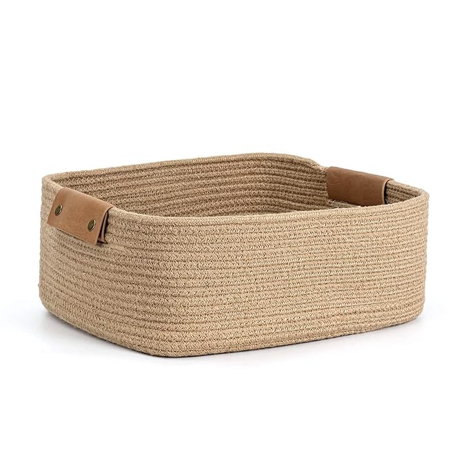 ☆LBY® Rectangle Cotton Rope Woven Basket with Handles for Books, Magazines, Toys - Ideal Gift Decorative Basket for Baby Nursery, Living Room (JUTE, medium 12 x 8 x 5 inch)