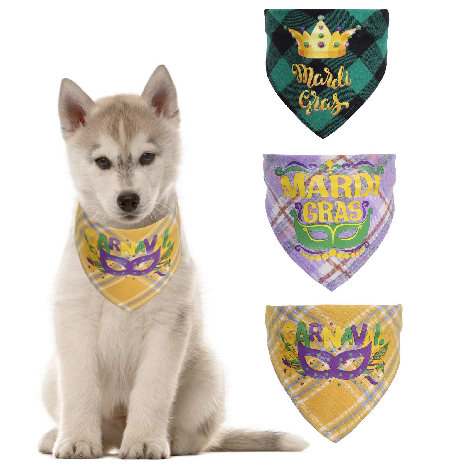 SEIS 3 PCS Mardi Gras Dog Bandanas Brazilian Carnival Triangular Scarf Costume Saliva Towel Neck Decorations Bib for Dogs Cats Collar (Crown-Green)