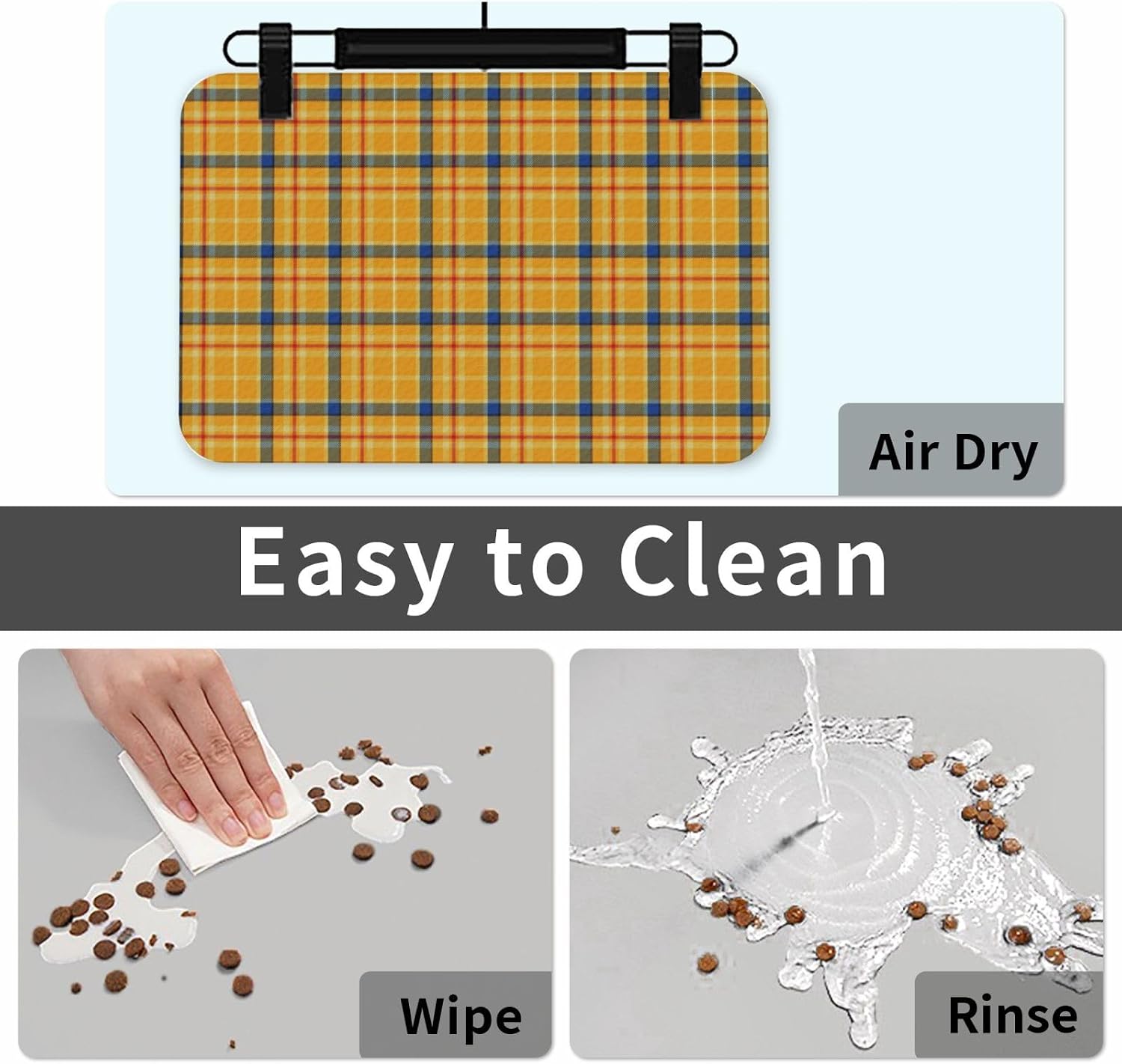 Mustard Coloured Tartan Leather Absorbent Pet Feeding Mat Non-Slip for Dogs Cats 40x60cm