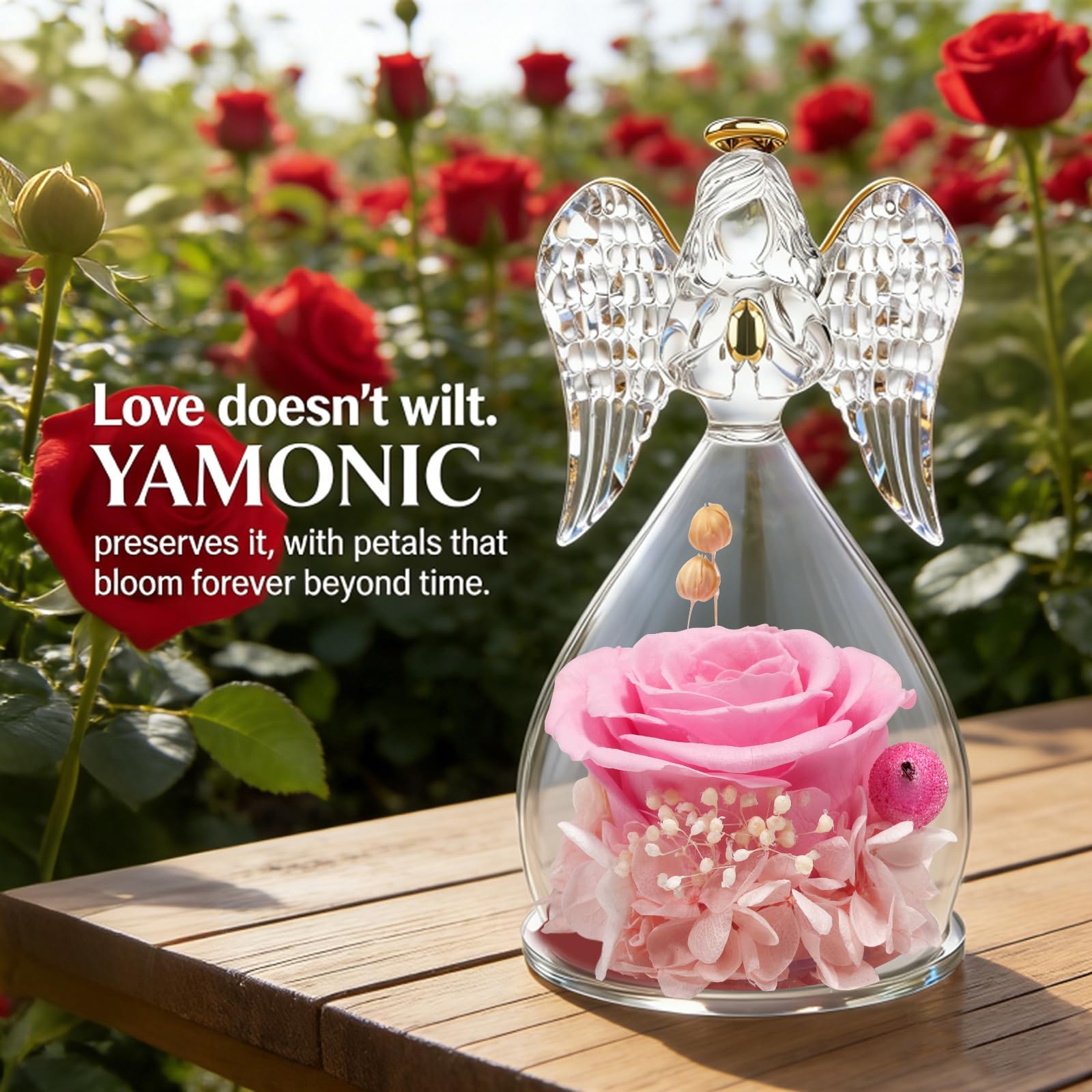 Yamonic Rosa Eterna Regalo Originale para Mujer,Rosa Preservada con Figura Ángel Regalos para Mamá,Regalos Cumpleaños Mujer Abuela,Flore Eterna Regalo Navidad San Valentin Dia de la Madre