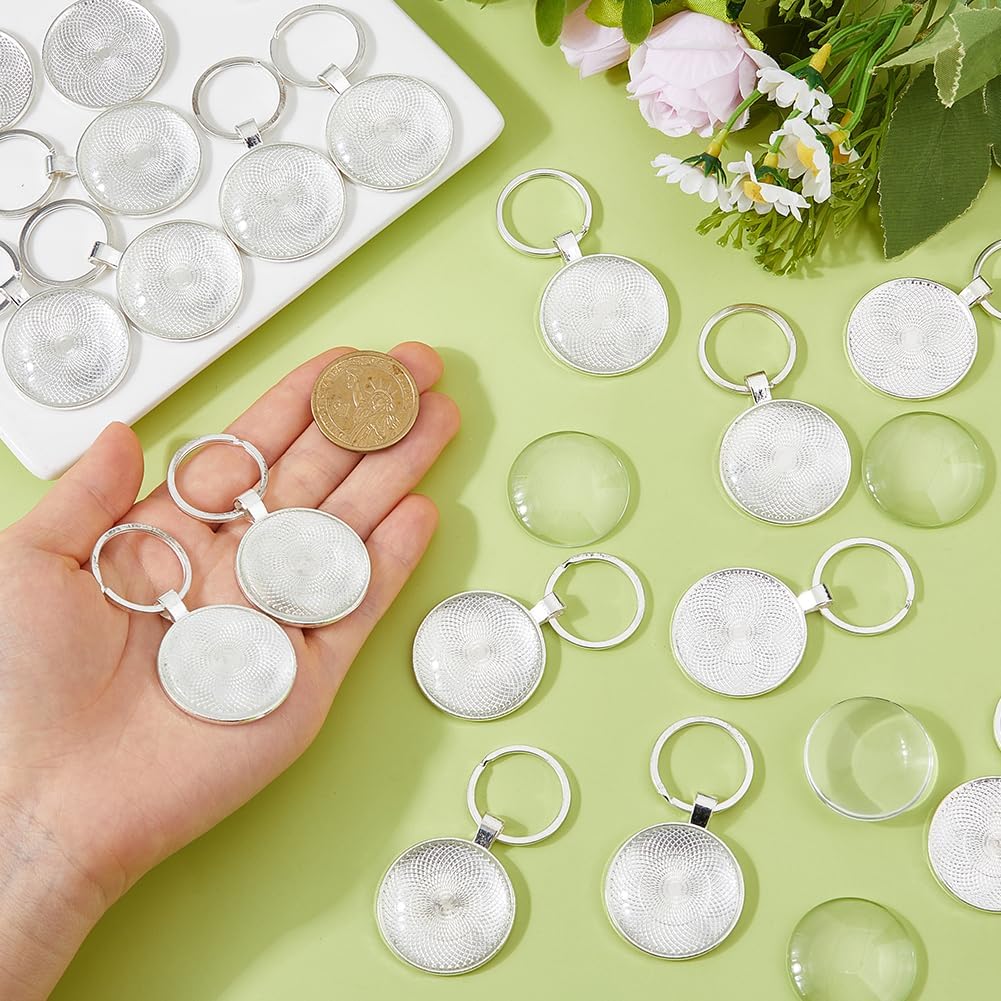 DICOSMETIC 30 Sets Keychain Pendant Tray 30mm/1.18" Round Trays Cabochon Bezel Keychain Alloy Photo Frame Keychains Blanks Pendant Bezel with Keyring for Resin Personalized Crafting