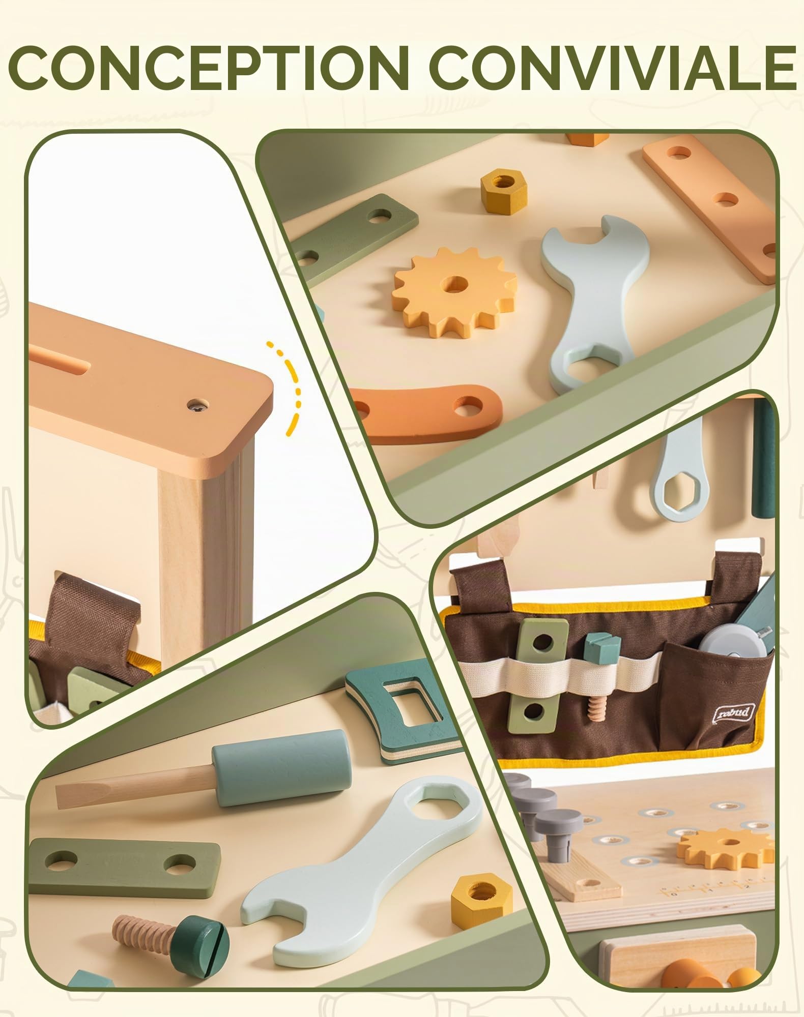 ROBUD Établi en bois pour enfants, banc à outils avec ceinture, lunettes de protection, papier à dessin pour jeux de rôle, jouet pour garçons et filles à partir de 3 ans
