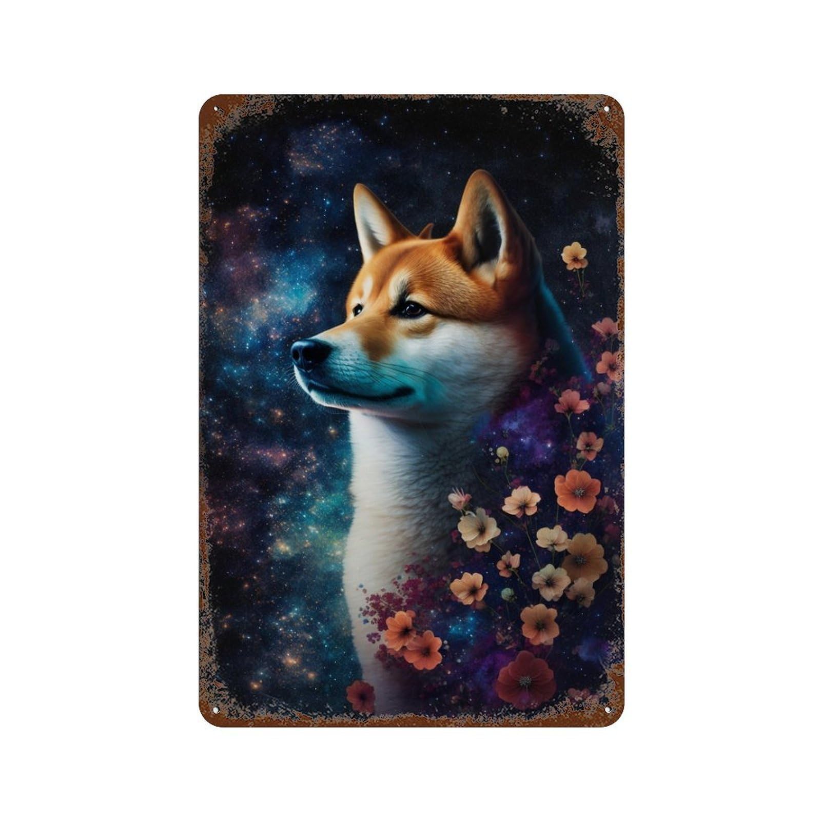 Galactic Floral Dog Portrait Vintage Rust Metal Sign 11.8"x7.9", Shabby Chic Decor for Living Room, Hallway And Home Decor